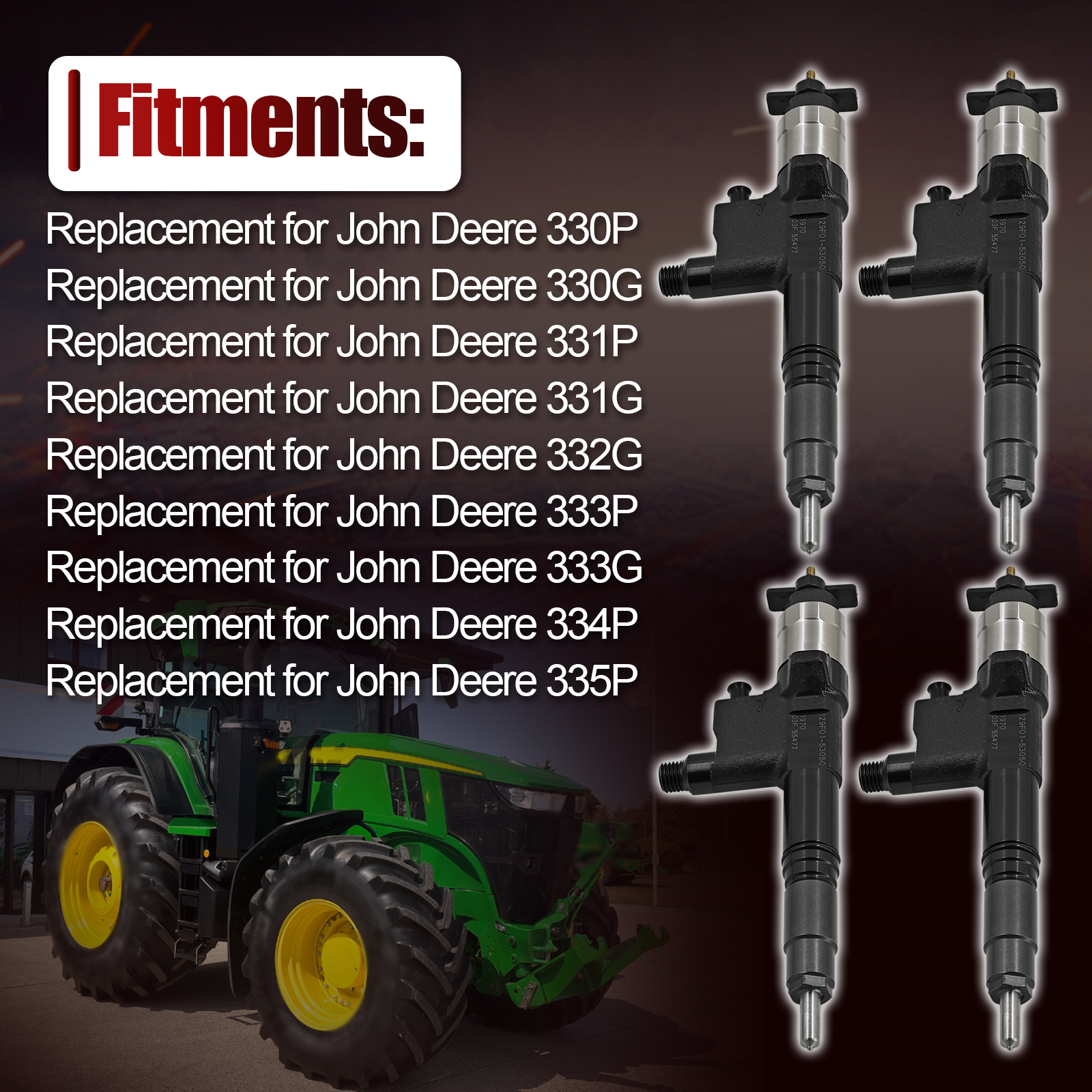 4 PCS Fuel Injectors for John Deere Loader 330P 330G 331P 331G 332G 333P 333G 334P 335P