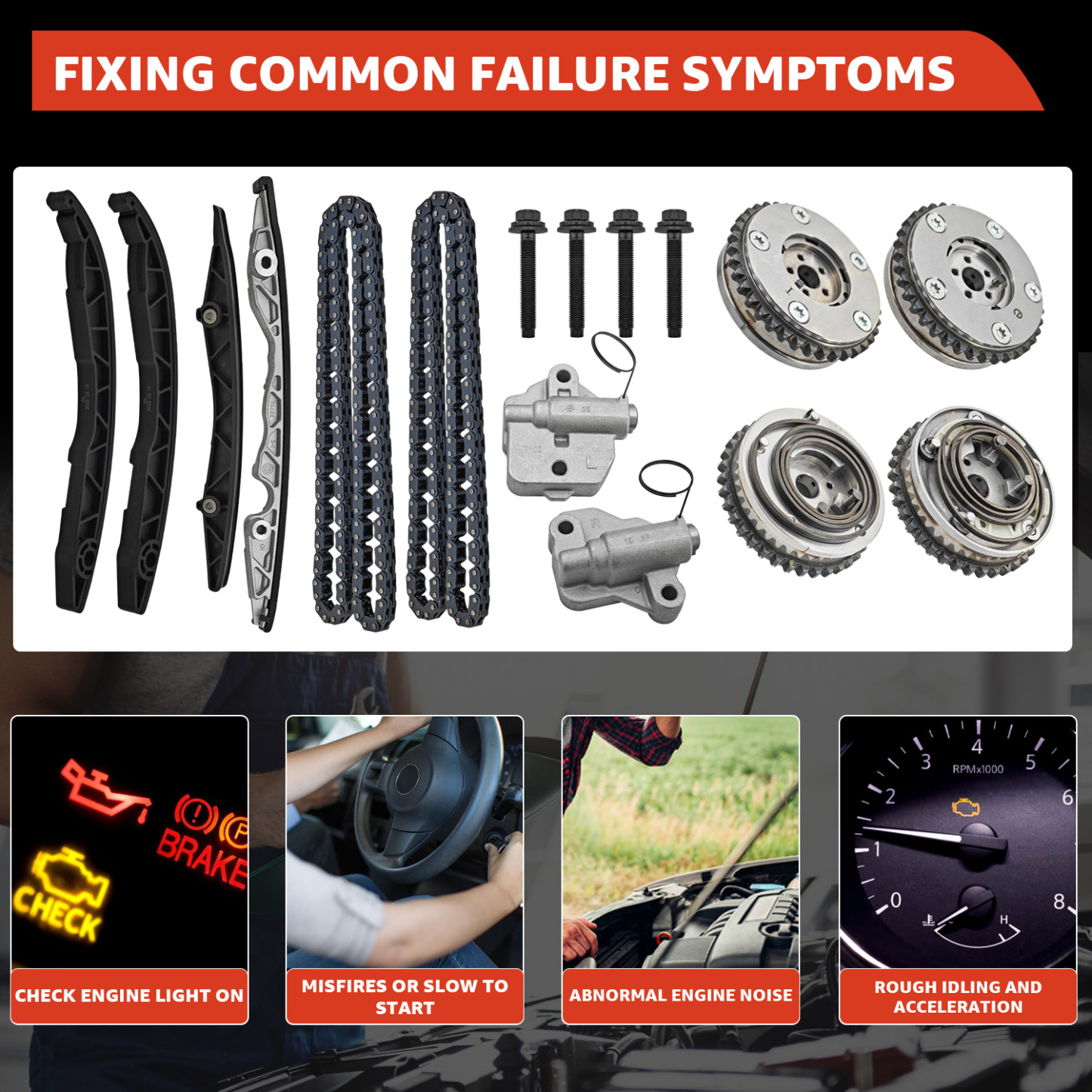 Engine Timing Chain Kit with Chains Guides Tensioners Phasers for Ford F-150 2015-2019; For Fusion Sport 2017-2019