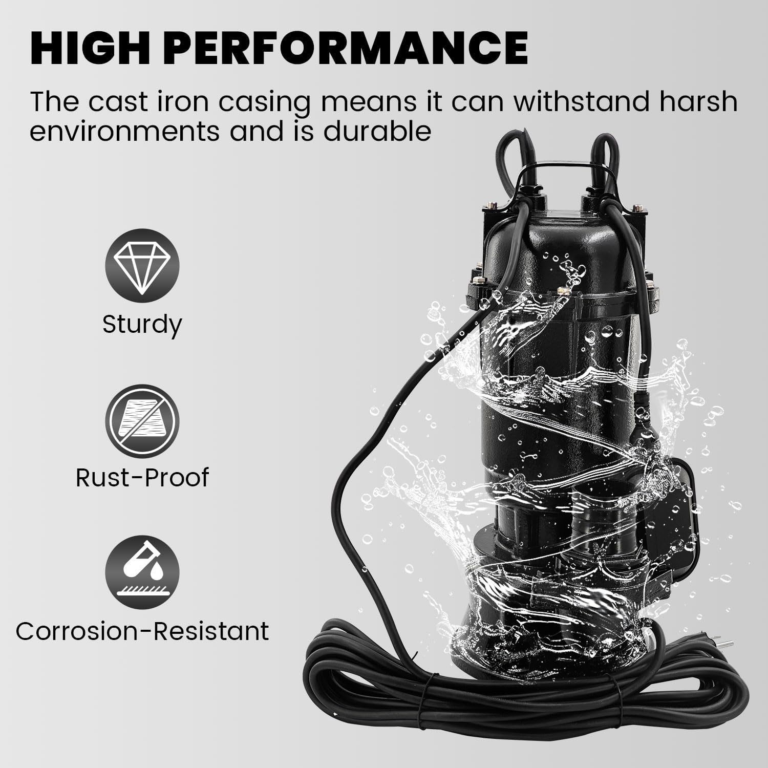2HP 110V Sewage Grinder Pump W/Blades, 6498GPH Effluent Pump | For Sump Basin, Basement, Residential Sewage, W/ 66ft Hose and Automatic Float Switch, 1500W 2'' NPT Discharge