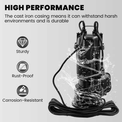 2HP 110V Sewage Grinder Pump W/Blades, 6498GPH Effluent Pump | For Sump Basin, Basement, Residential Sewage, W/ 66ft Hose and Automatic Float Switch, 1500W 2'' NPT Discharge