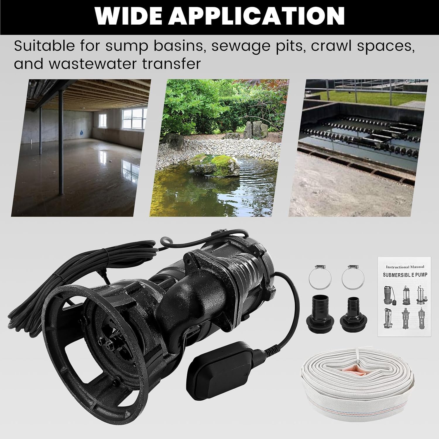 2HP 110V Sewage Grinder Pump W/Blades, 6498GPH Effluent Pump | For Sump Basin, Basement, Residential Sewage, W/ 66ft Hose and Automatic Float Switch, 1500W 2'' NPT Discharge