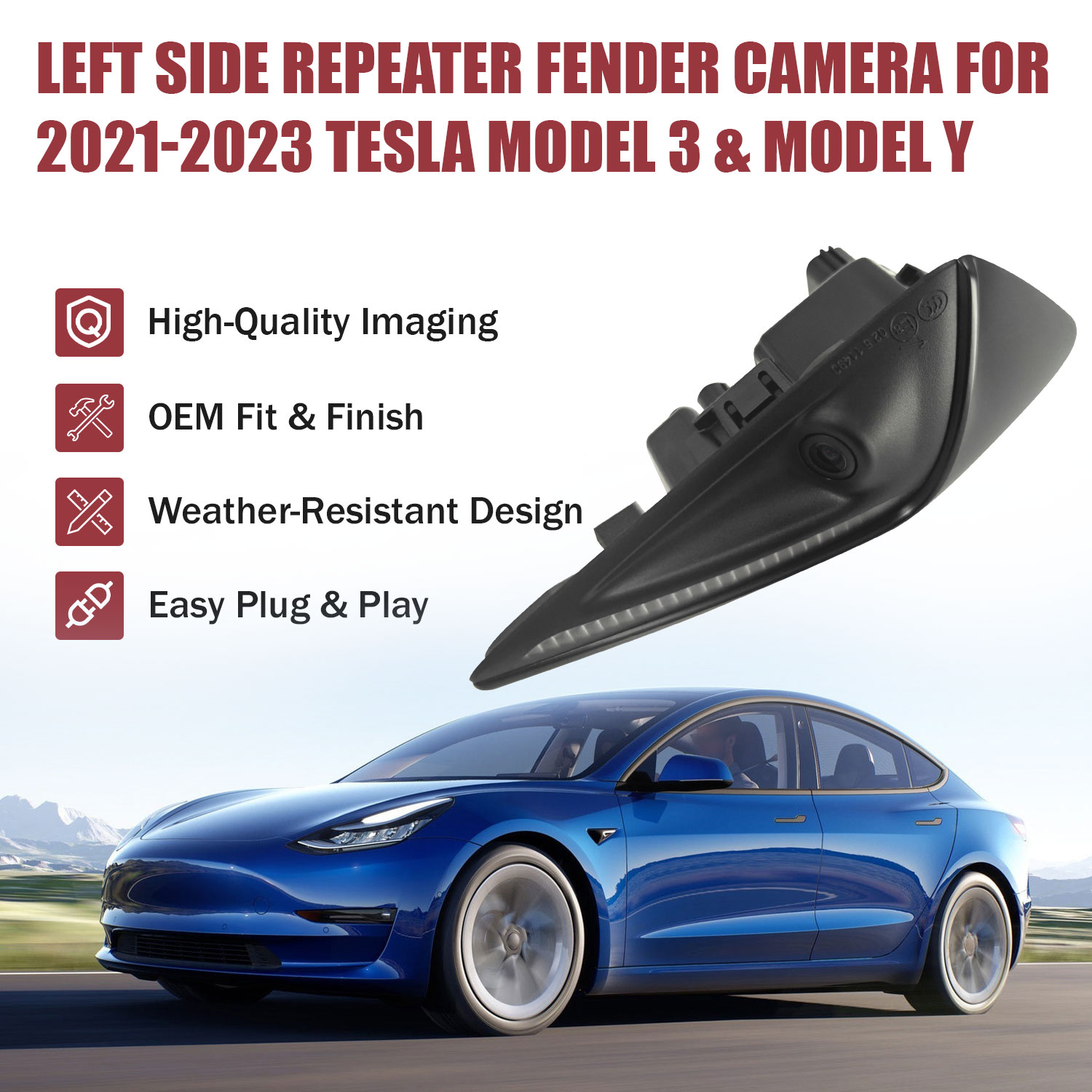 Left Side Repeater Fender Camera Compatible with Tesla Model 3 and Model Y 2021‑2023 
