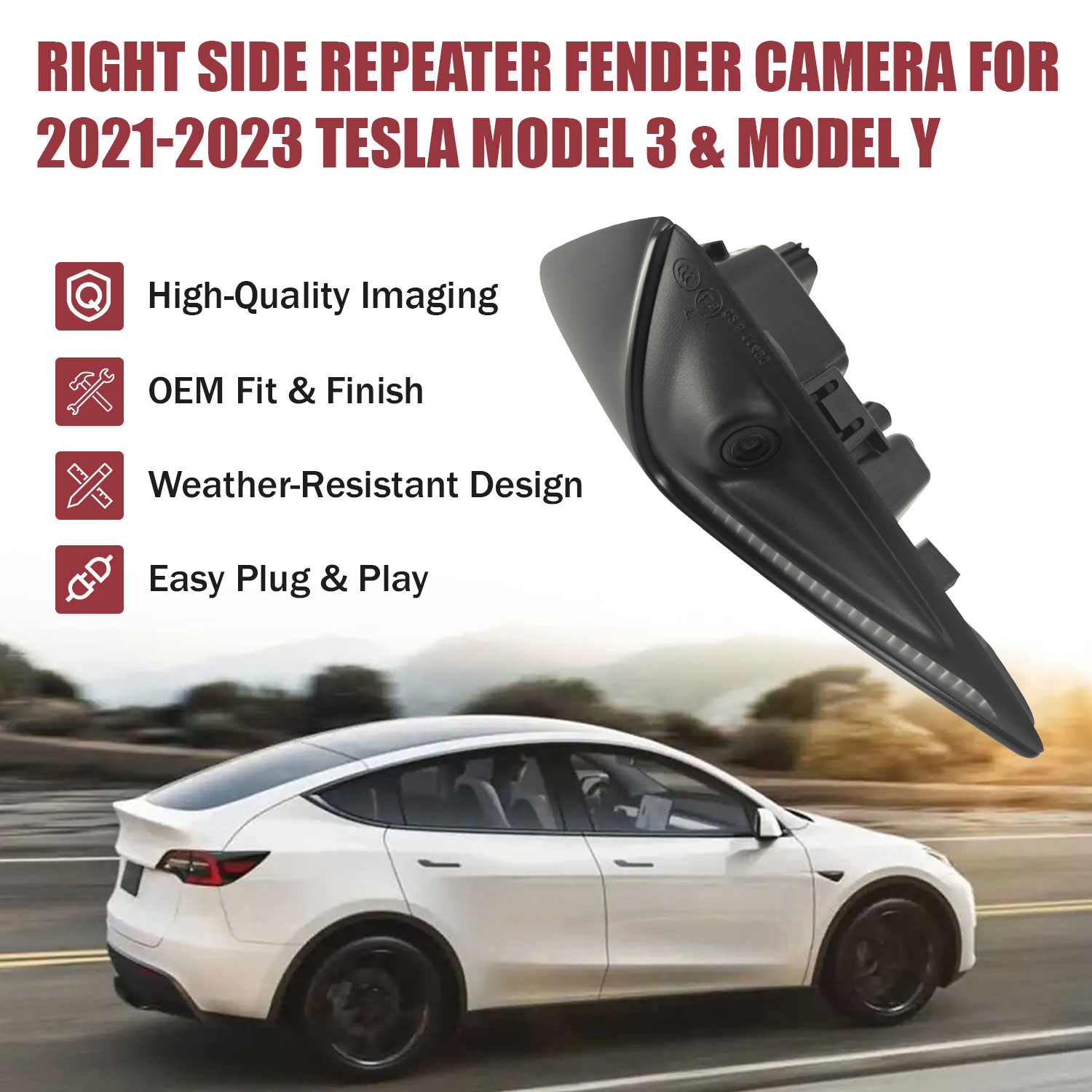 Right Side Repeater Fender Camera Compatible with Tesla Model 3 and Model Y 2021‑2023 