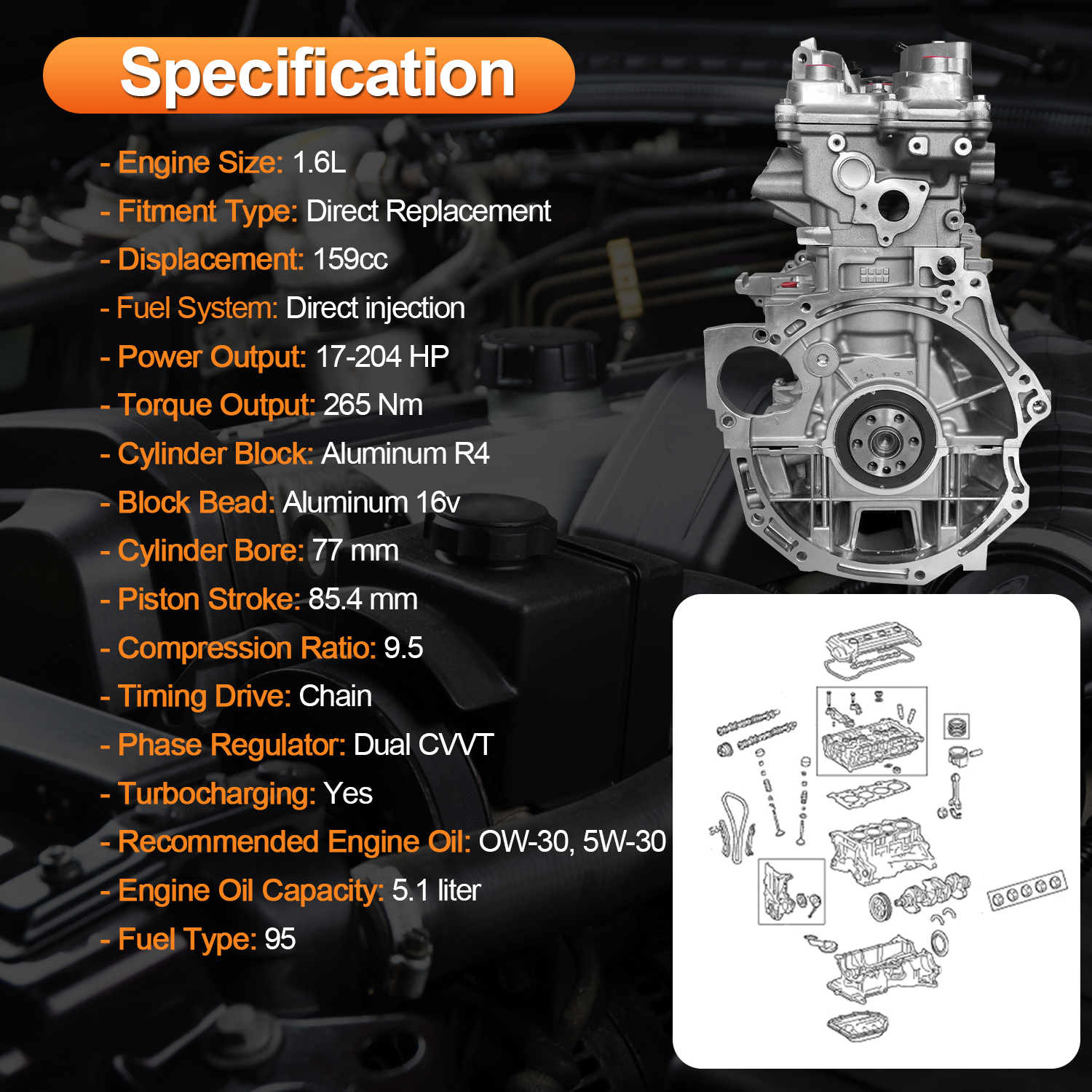G4FJ 1.6L Engine Assembly Kit 1.6T for Hyundai Accent Verna (RB/RC)2011-2017, Elantra (AD) 2017-2020, Lafesta 2018-2022, for Kia Cee'd (JD) 2012-2018, 