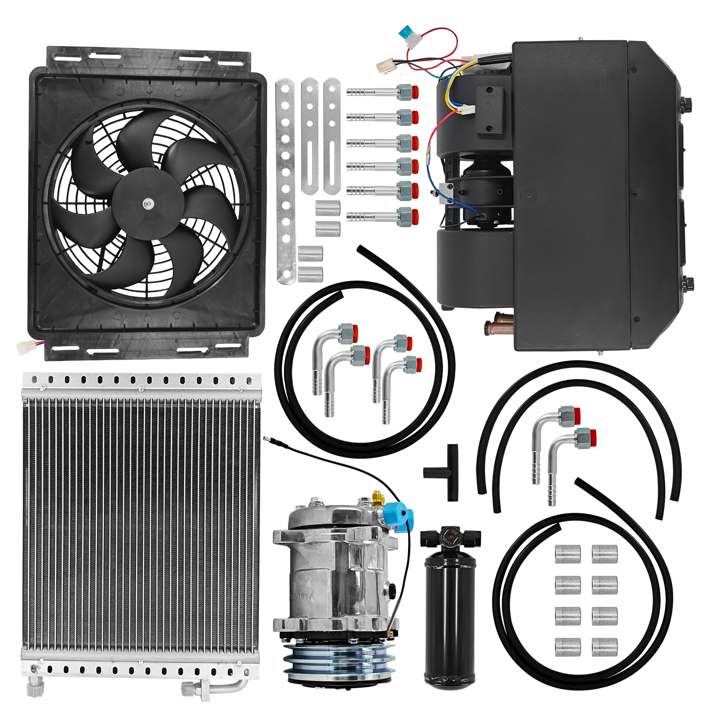 12V A/C Compressor Condenser SD508, Condenser Fan, Evaporator Unit (18.000BTU) Receiver Drier, Hoses and Fittings for cars, Trucks, RVs, Universal Under Dash Air Conditioner Cooling Heating