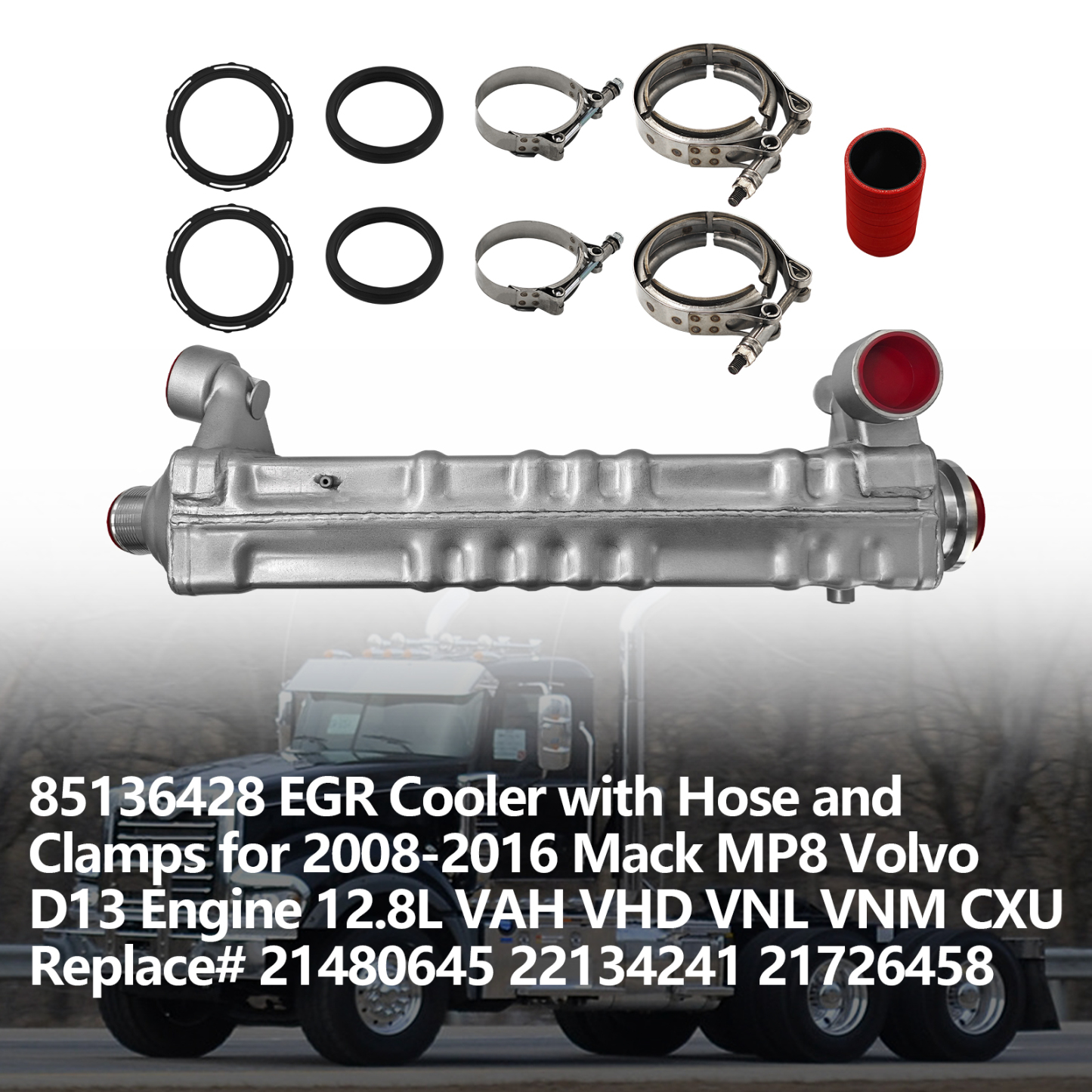 85136428 EGR Cooler with Hose and Clamps for 2008-2016 Mack MP8 Volvo D13 Engine 12.8L