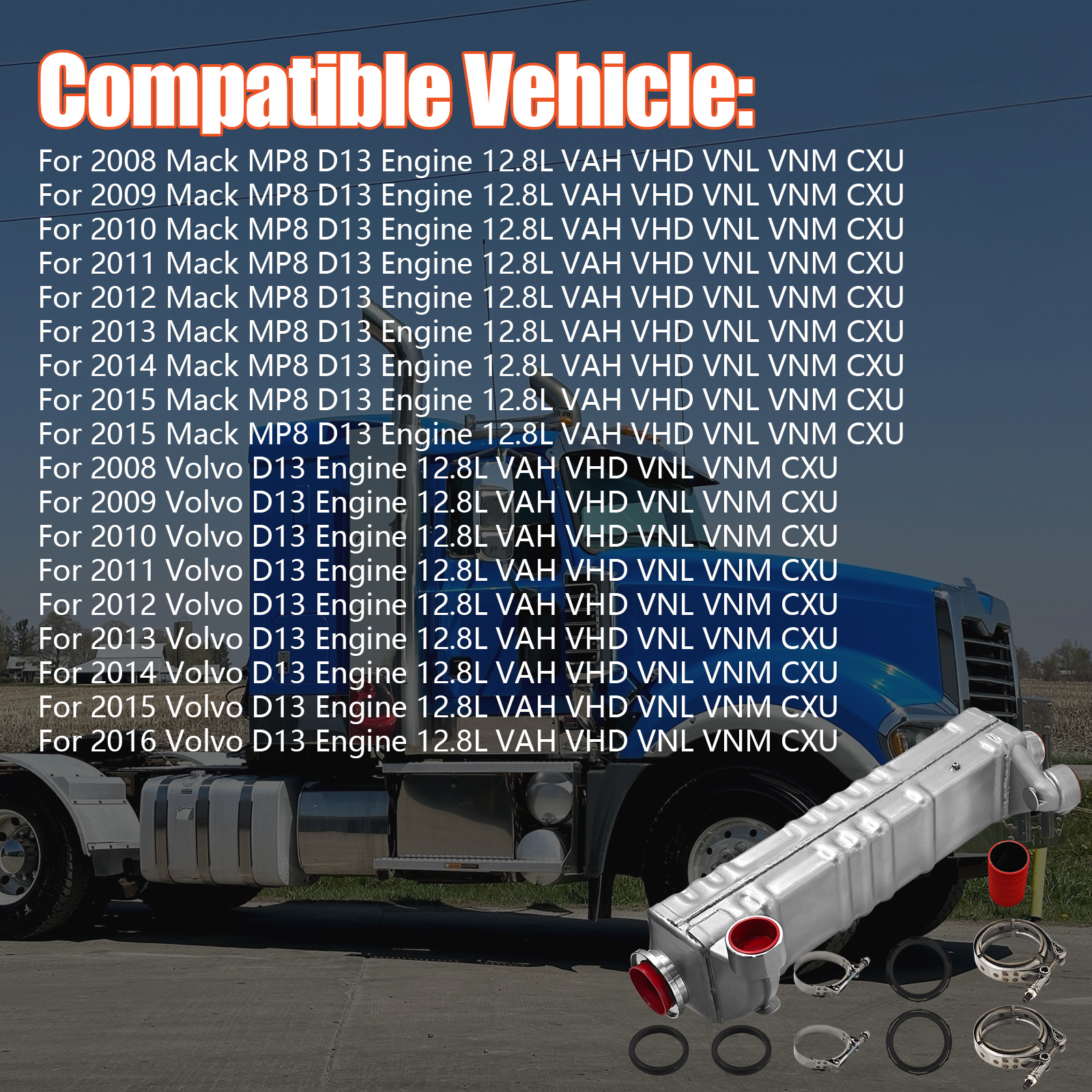 85136428 EGR Cooler with Hose and Clamps for 2008-2016 Mack MP8 Volvo D13 Engine 12.8L