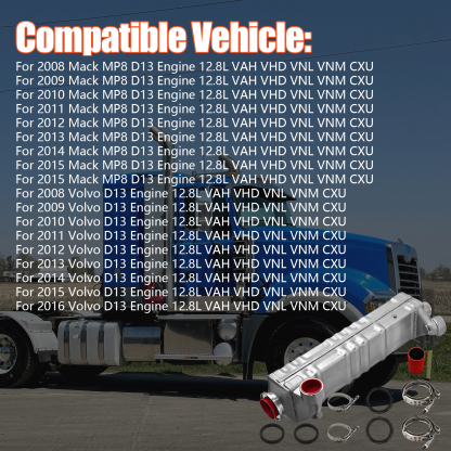 85136428 EGR Cooler with Hose and Clamps for 2008-2016 Mack MP8 Volvo D13 Engine 12.8L