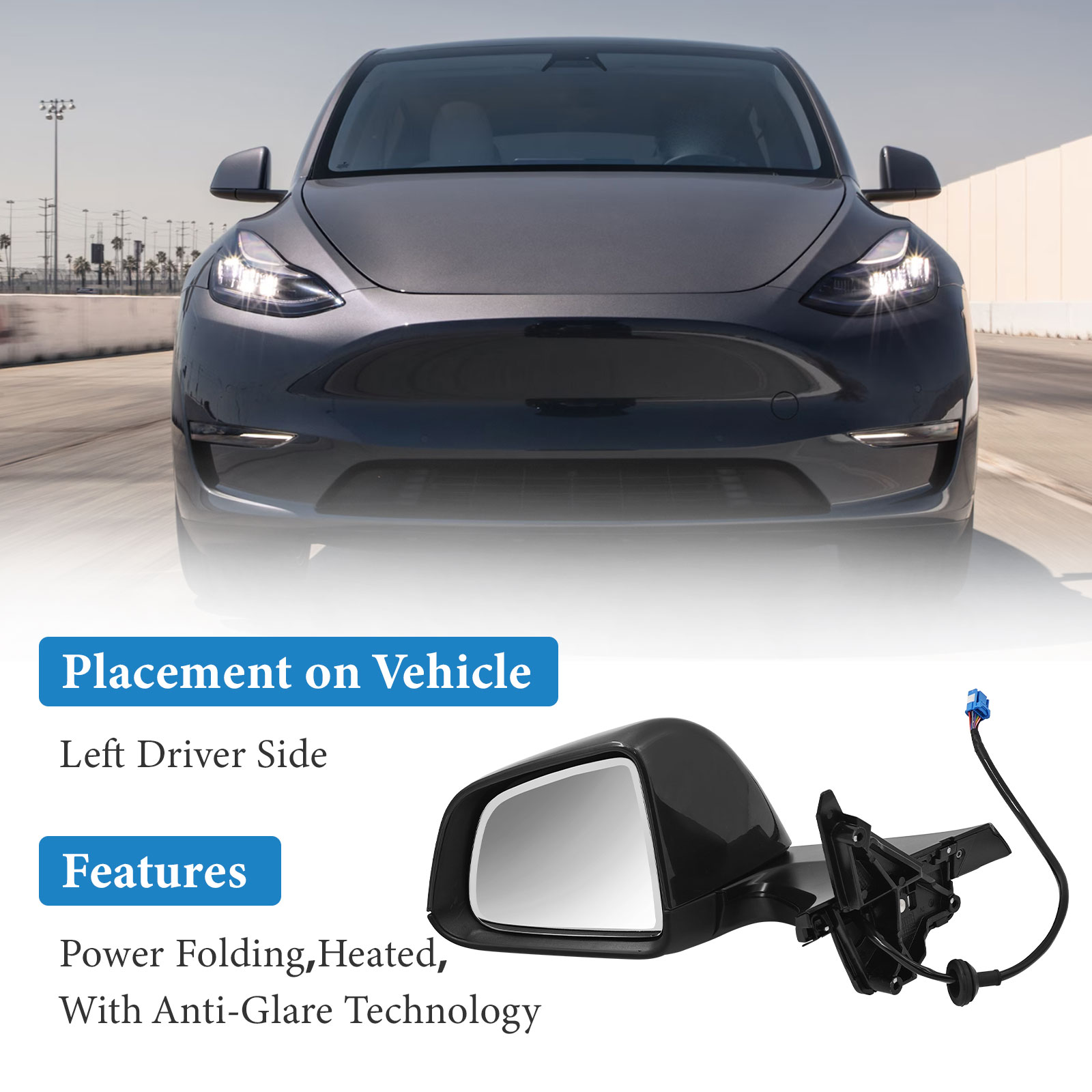 Gray Left Driver Side Exterior View Mirror Compatible with Tesla Model Y 2020-2023 with Anti-Glare