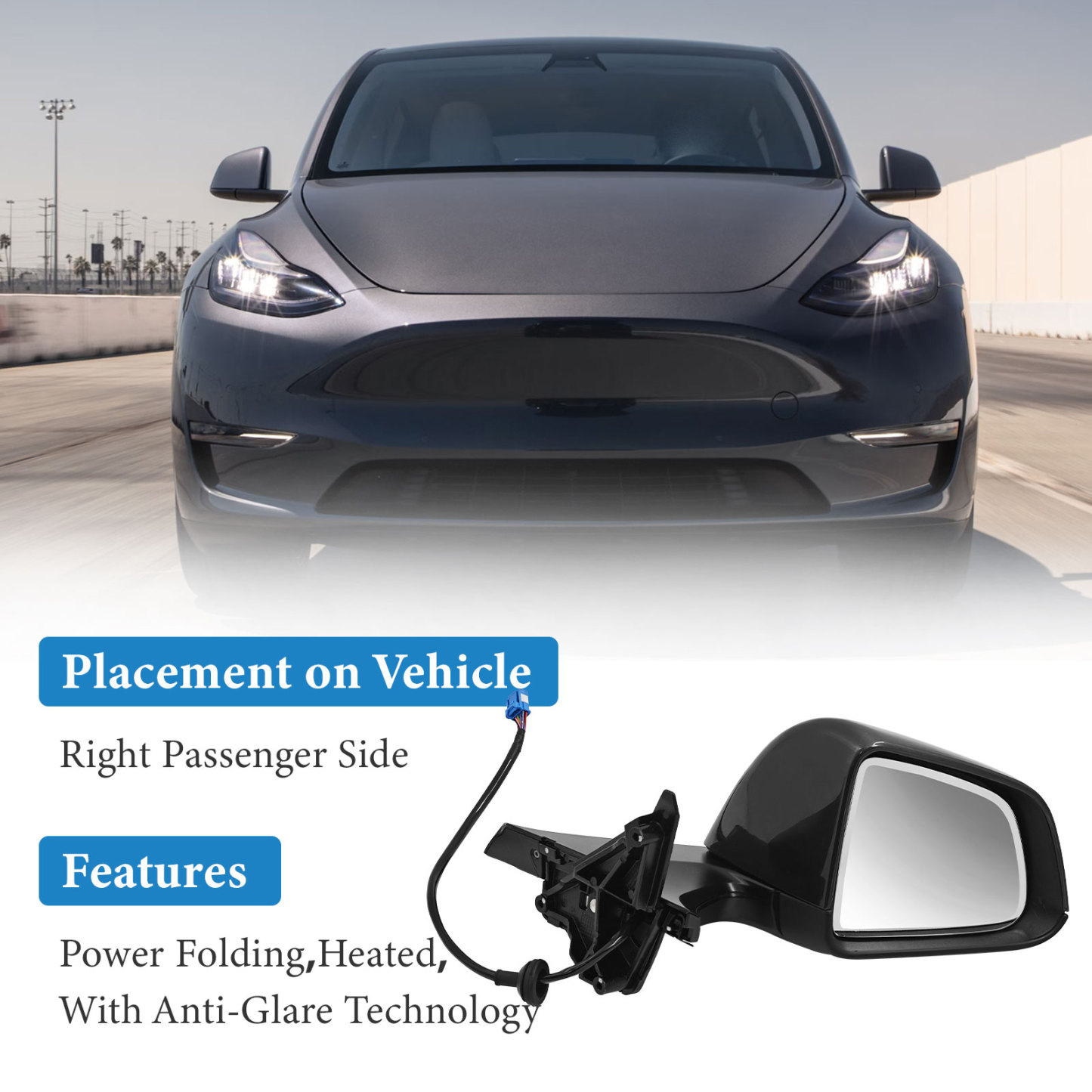 Gray Right Passenger Side Exterior View Mirror Compatible with Tesla Model Y 2020-2023 with Anti-Glare