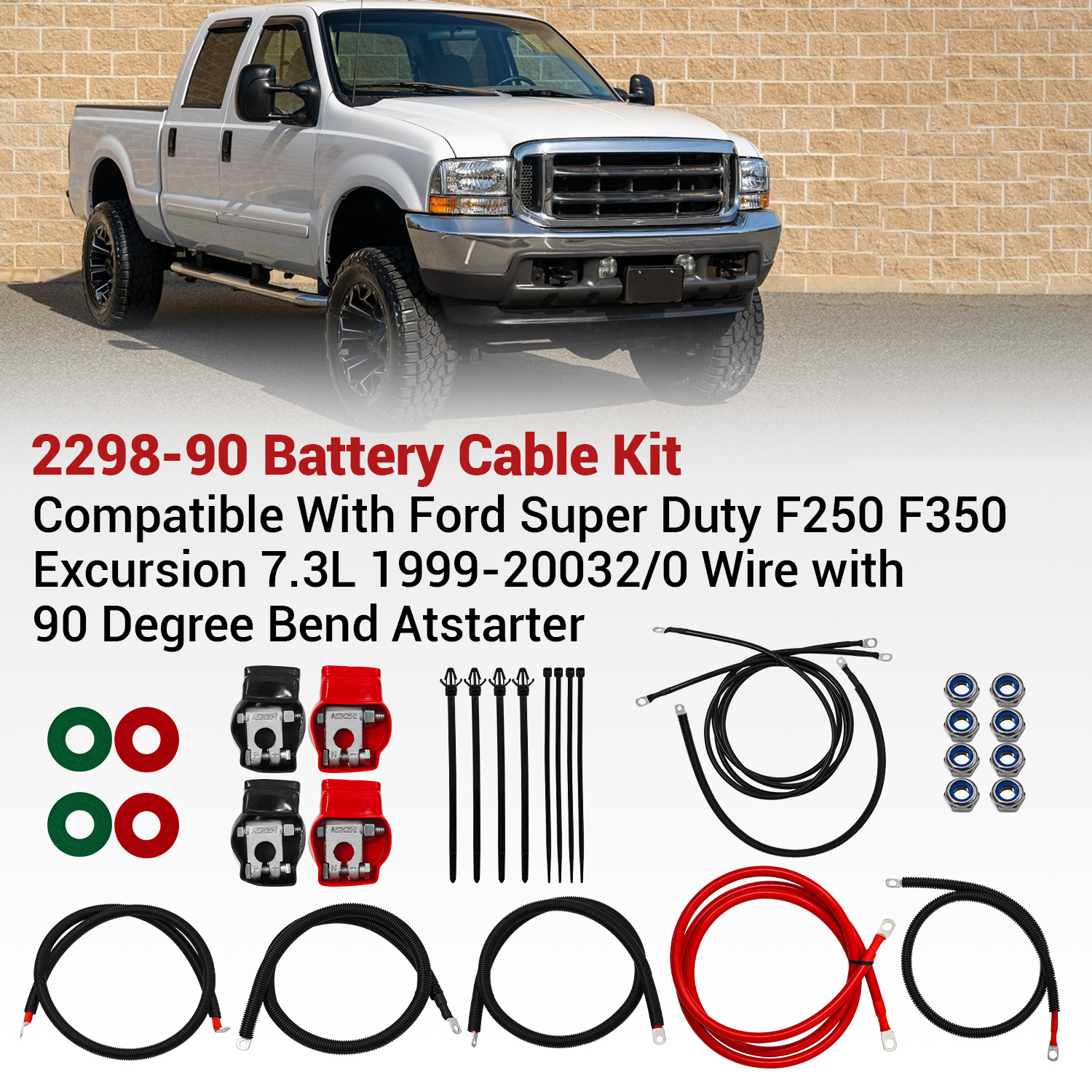  Battery Cable Kit for Ford Super Duty F250 F350 Excursion 1999-2003 7.3L Power Stroke Diesel Engine 2/0 Wire with 90 Degree Bend Atstarter