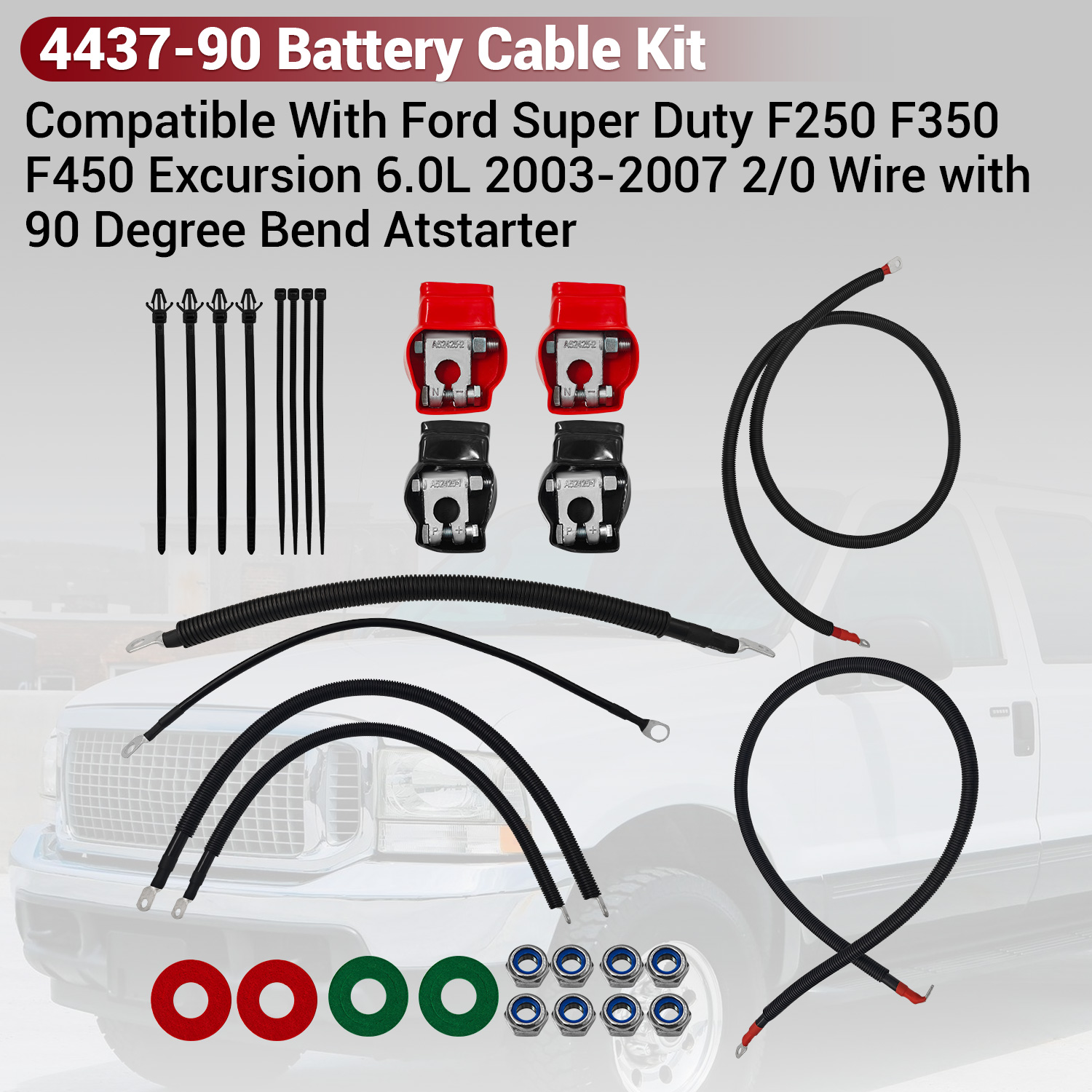 Battery Cable Kit for Ford Super Duty F250 F350 F450 Excursion 2003-2007 6.0L Power Stroke Diesel Engine 2/0 Wire w/90 Degree Bend Atstarter