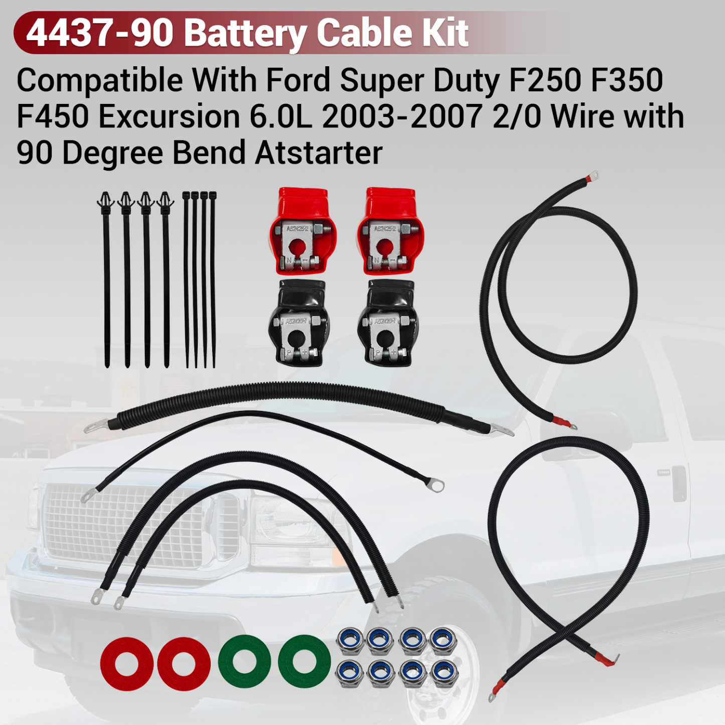 Battery Cable Kit for Ford Super Duty F250 F350 F450 Excursion 2003-2007 6.0L Power Stroke Diesel Engine 2/0 Wire w/90 Degree Bend Atstarter