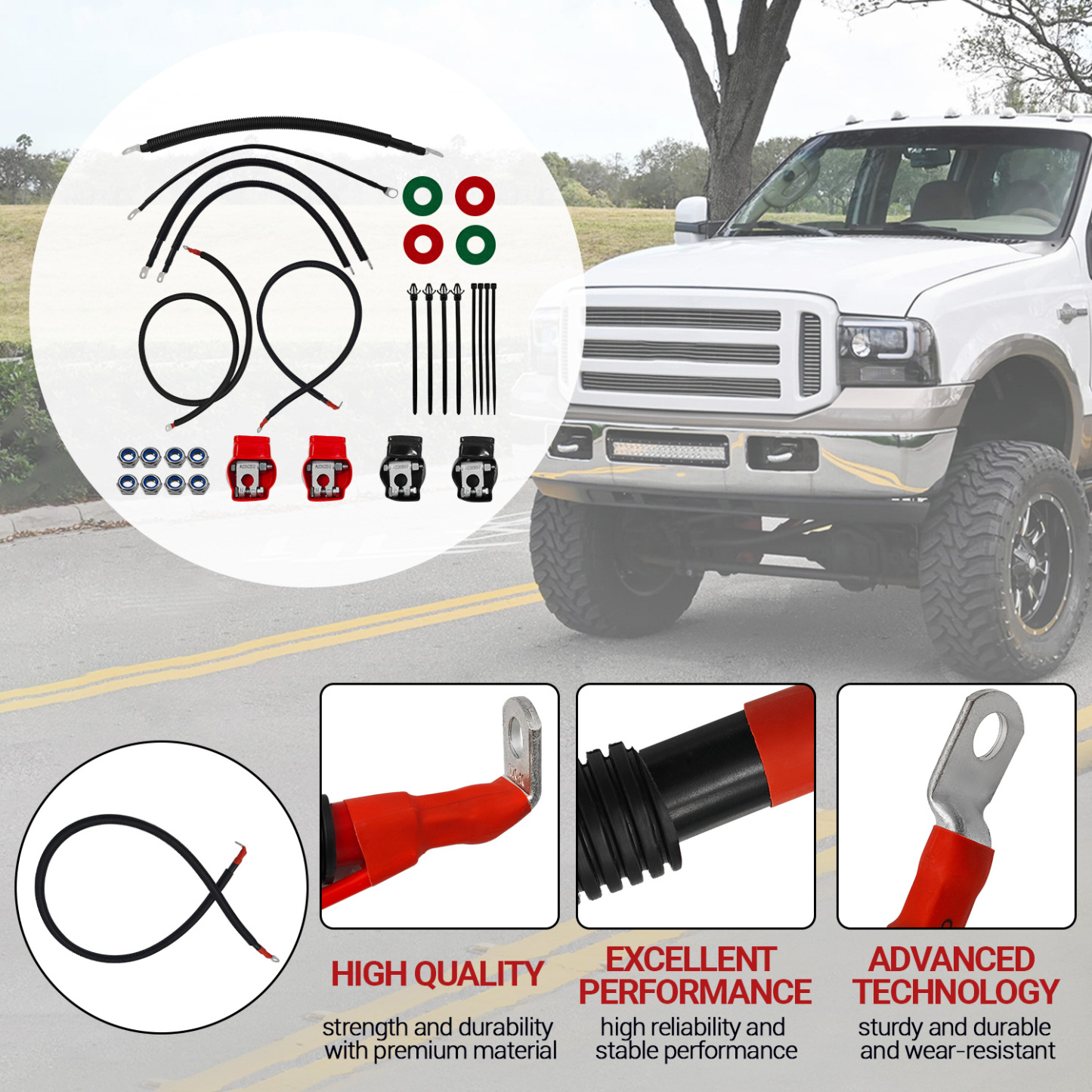 Battery Cable Kit for Ford Super Duty F250 F350 F450 Excursion 2003-2007 6.0L Power Stroke Diesel Engine 2/0 Wire w/90 Degree Bend Atstarter