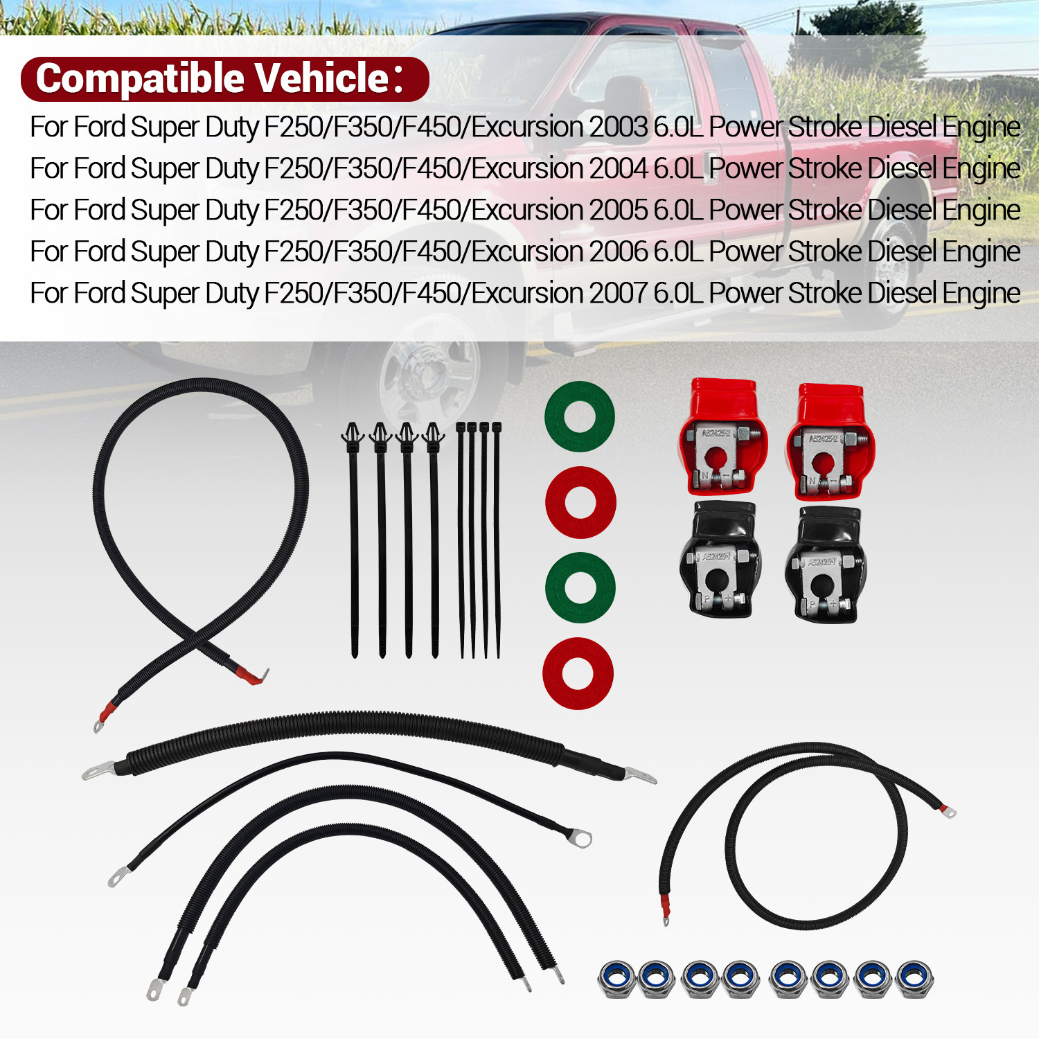 Battery Cable Kit for Ford Super Duty F250 F350 F450 Excursion 2003-2007 6.0L Power Stroke Diesel Engine 2/0 Wire w/90 Degree Bend Atstarter