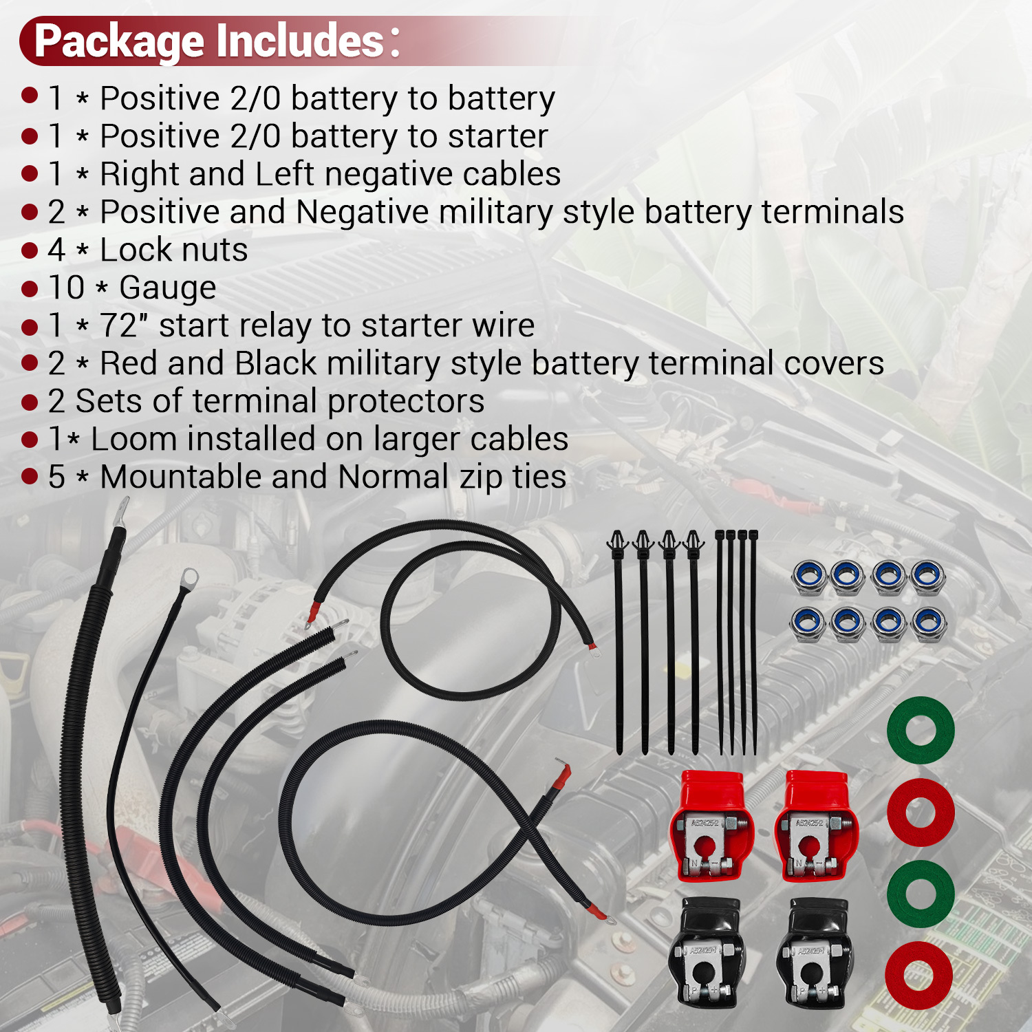 Battery Cable Kit for Ford Super Duty F250 F350 F450 Excursion 2003-2007 6.0L Power Stroke Diesel Engine 2/0 Wire w/90 Degree Bend Atstarter