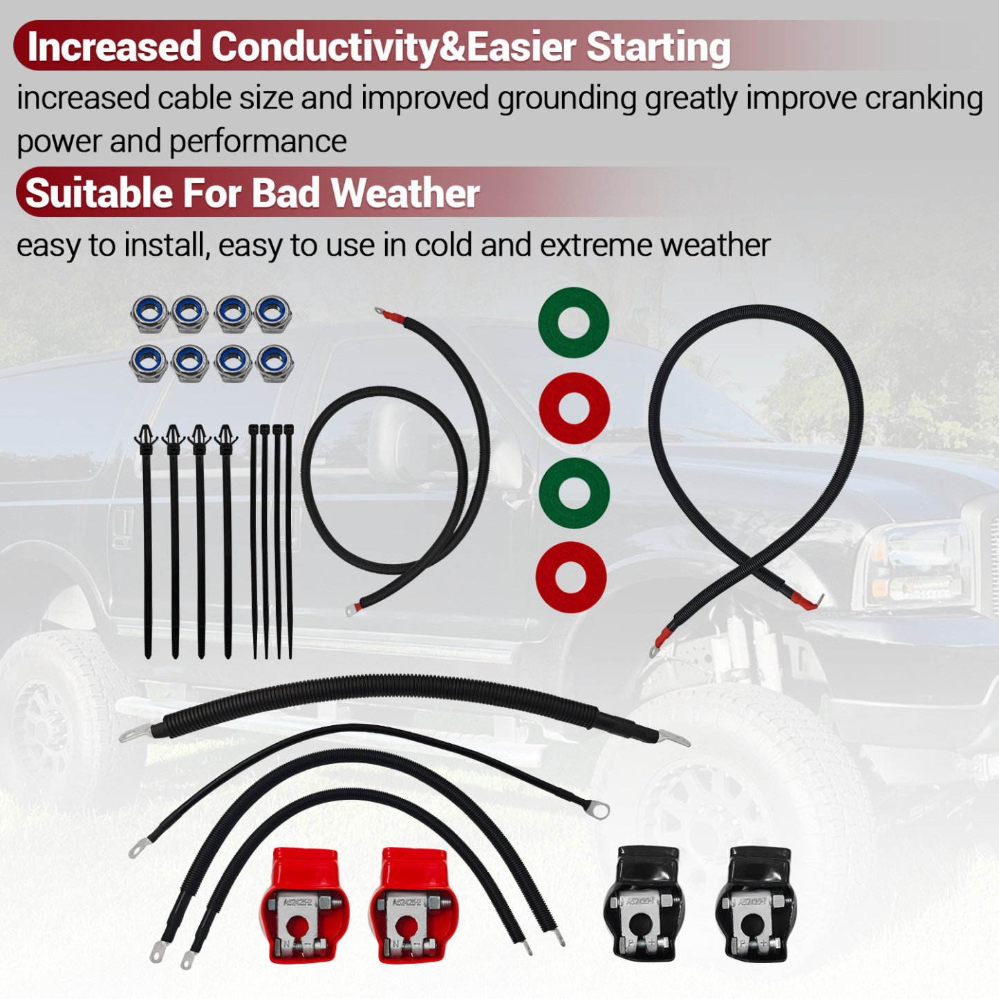 Battery Cable Kit for Ford Super Duty F250 F350 F450 Excursion 2003-2007 6.0L Power Stroke Diesel Engine 2/0 Wire w/90 Degree Bend Atstarter