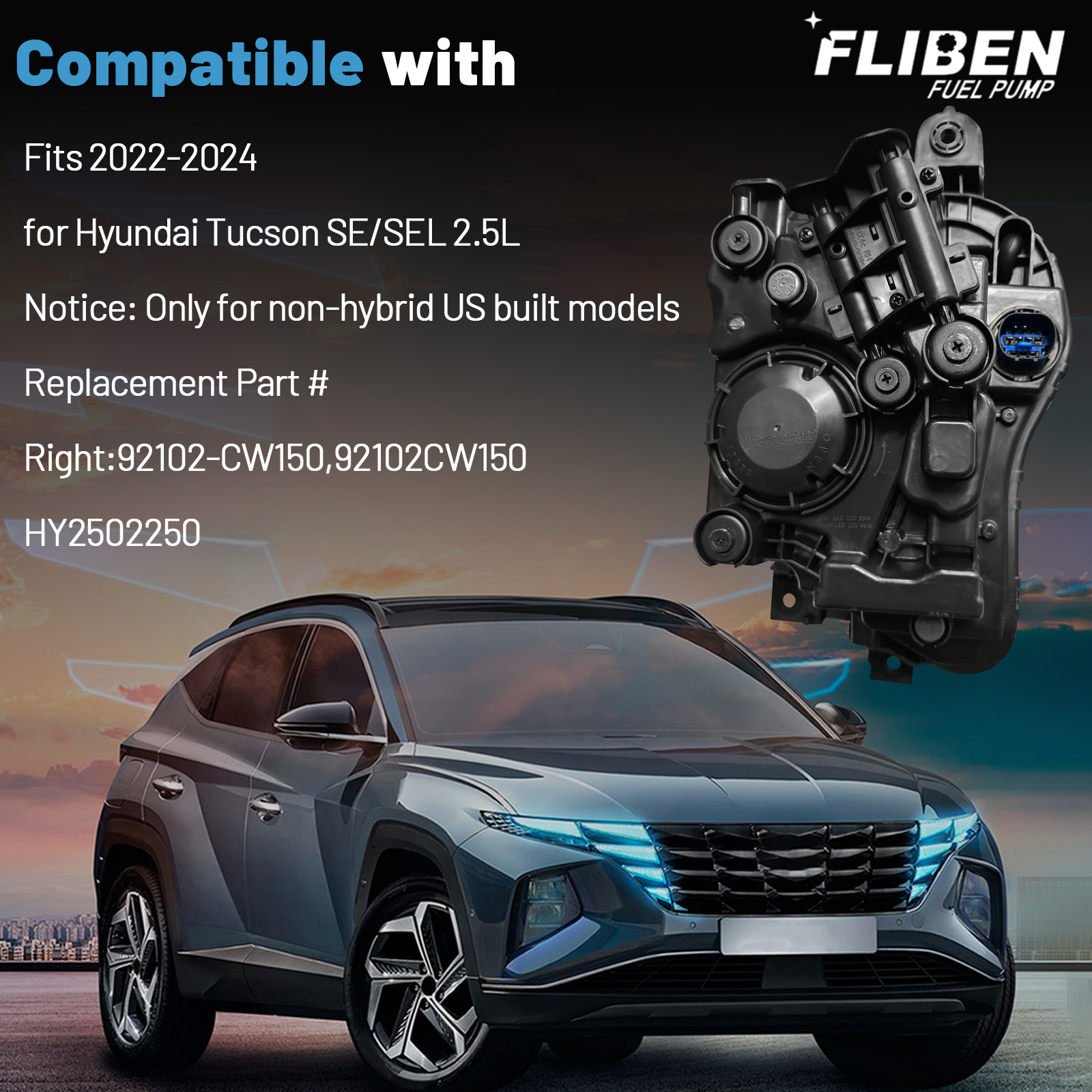 Headlight Assembly fit for Hyundai Tucson SE SEL 2022-2024 Front LED Headlamp (Right Passenger Side)