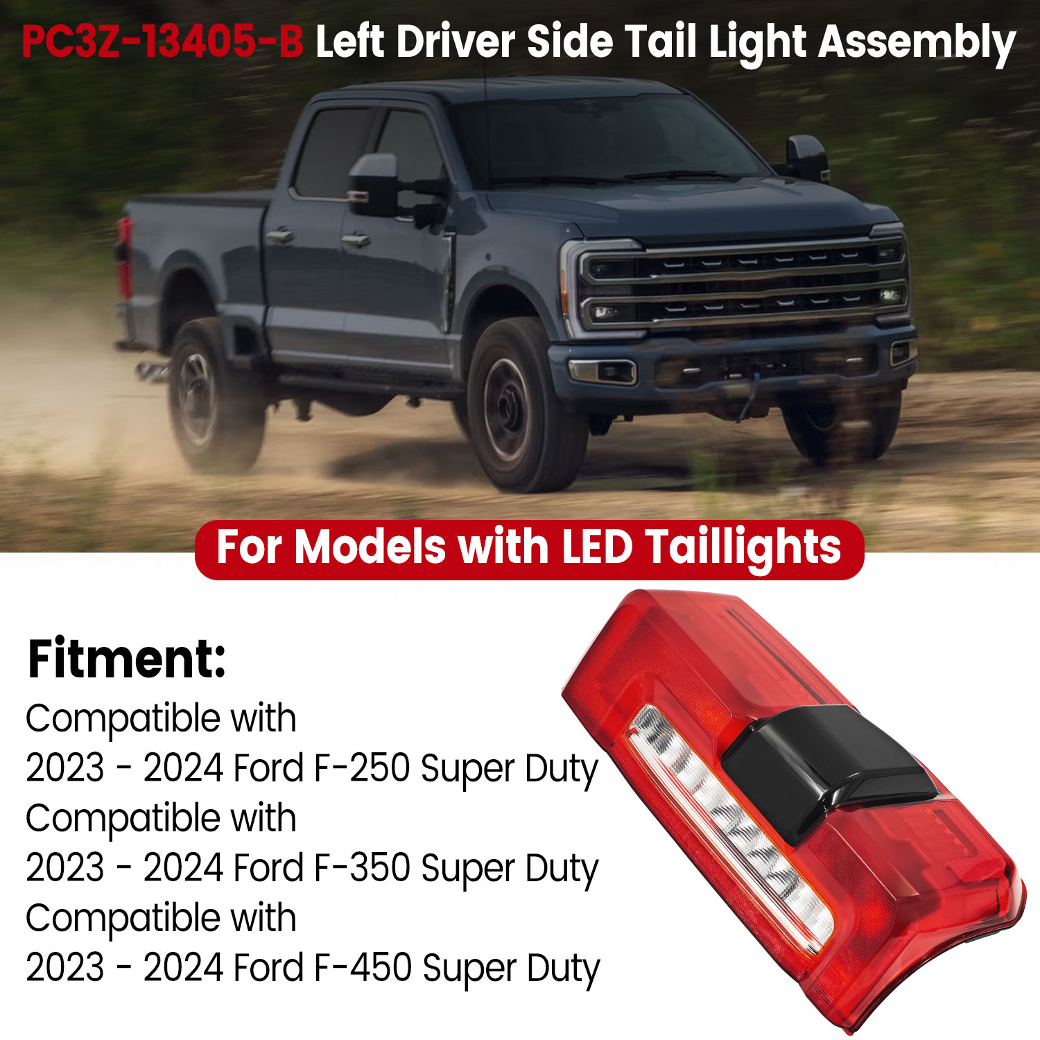 Left Driver Side LED Type Tail Light Assembly w/Blind Spot for 2023-2024 Ford F250 F350 Super Duty 