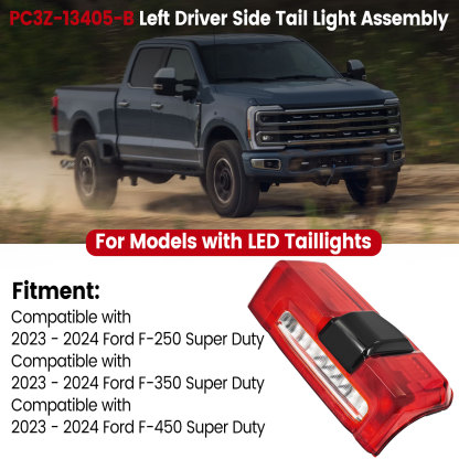 Left Driver Side LED Type Tail Light Assembly w/Blind Spot for 2023-2024 Ford F250 F350 Super Duty 