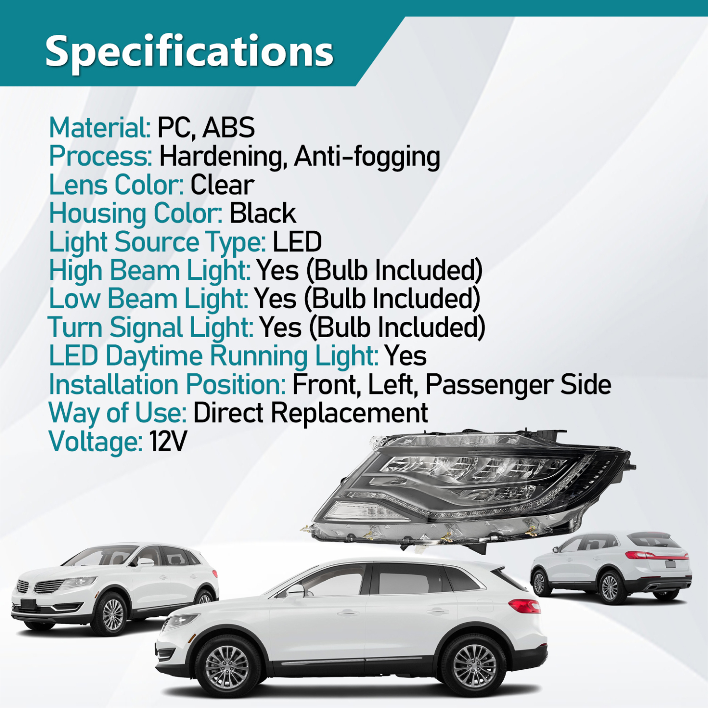 Full LED Headlight w/AFS Compatible with Lincoln MKX 2.7L 3.7L 2016-2018 - Left Driver Side 