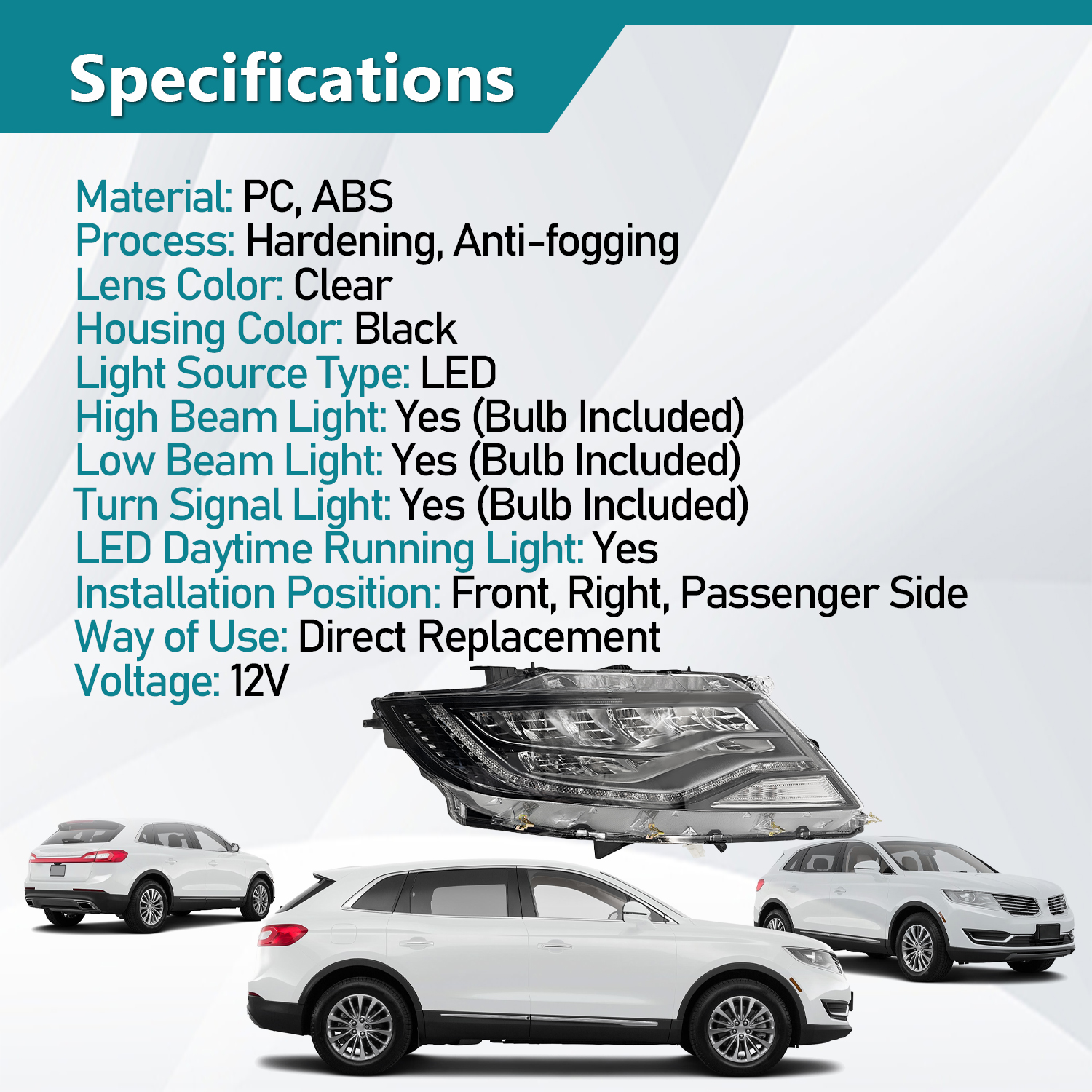 Full LED Headlight w/AFS Compatible with Lincoln MKX 2.7L 3.7L 2016-2018 - Right Passenger Side