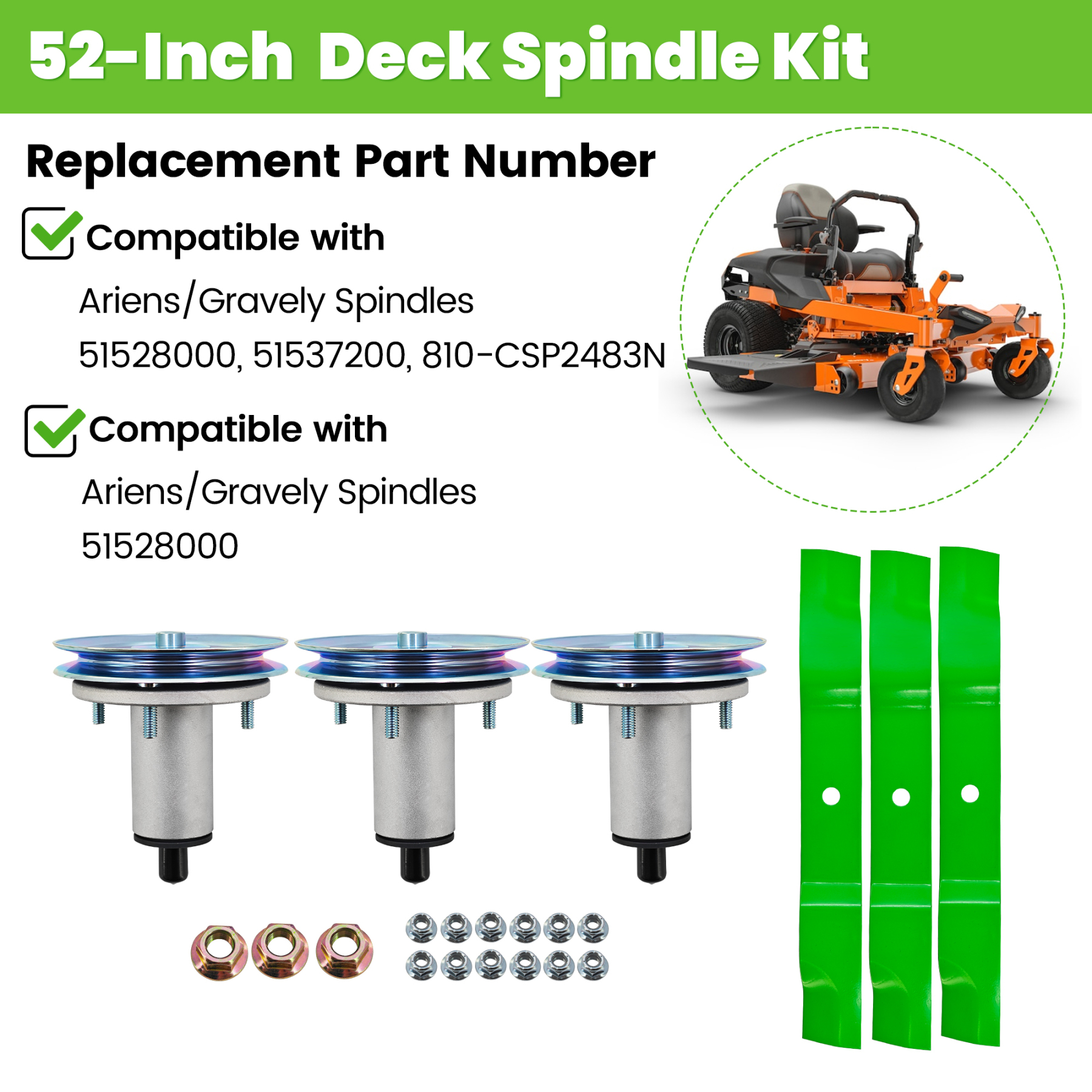 52 Deck Spindle Kit w/Blade Compatible with Ariens Gravely Ikon-XD ZTX ZT XL Edge-52 52-Inch
