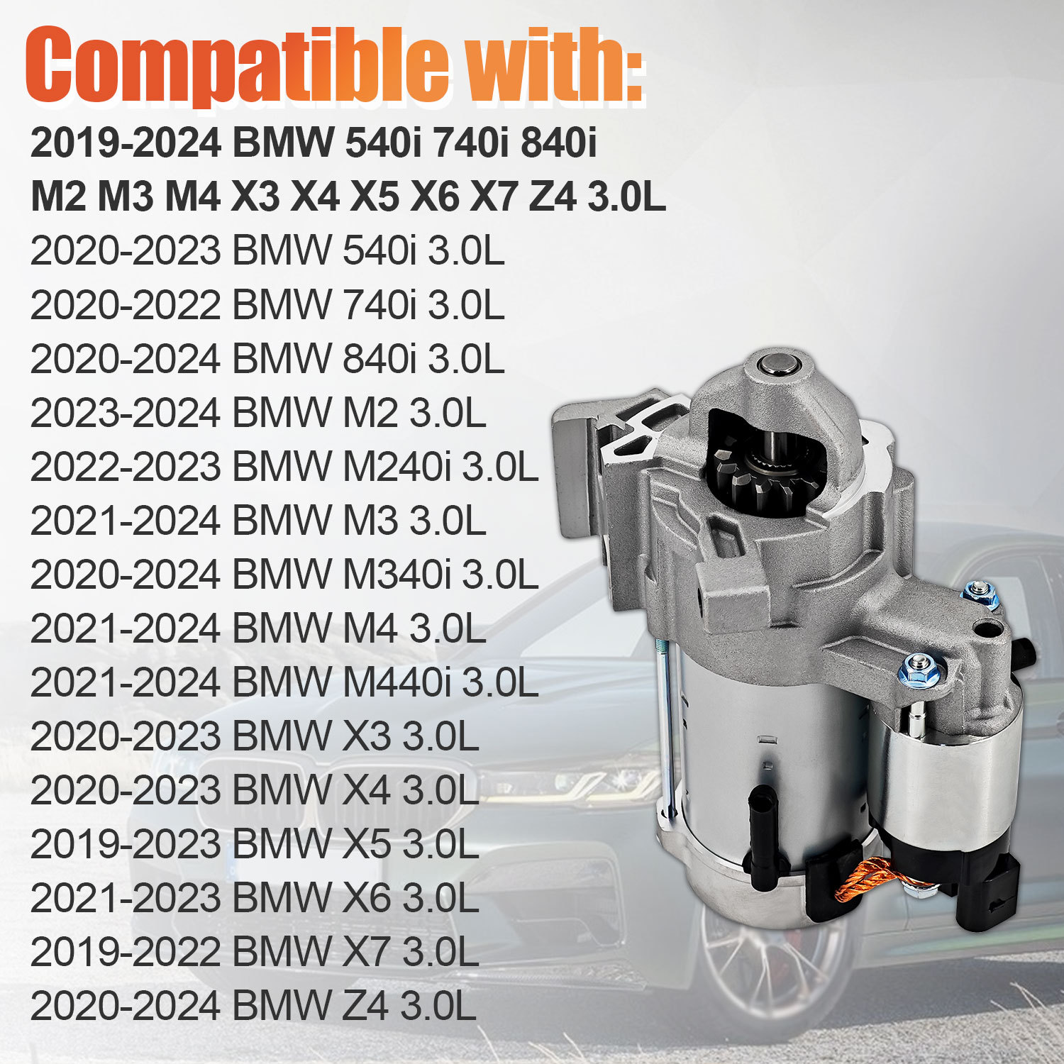Starter Motor Compatible With 2020-2024 BMW 540i 740i 840i M2 M3 M4 X3 X4 X5 X6 X7 Z4 3.0L