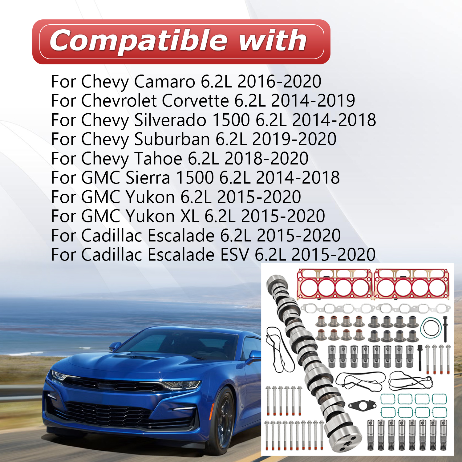 6.2L Camshaft Lifter Kit w/Head Gasket Set Fits for Chevy 6.2L 2014-2020, Fits for GMC 2014-2020