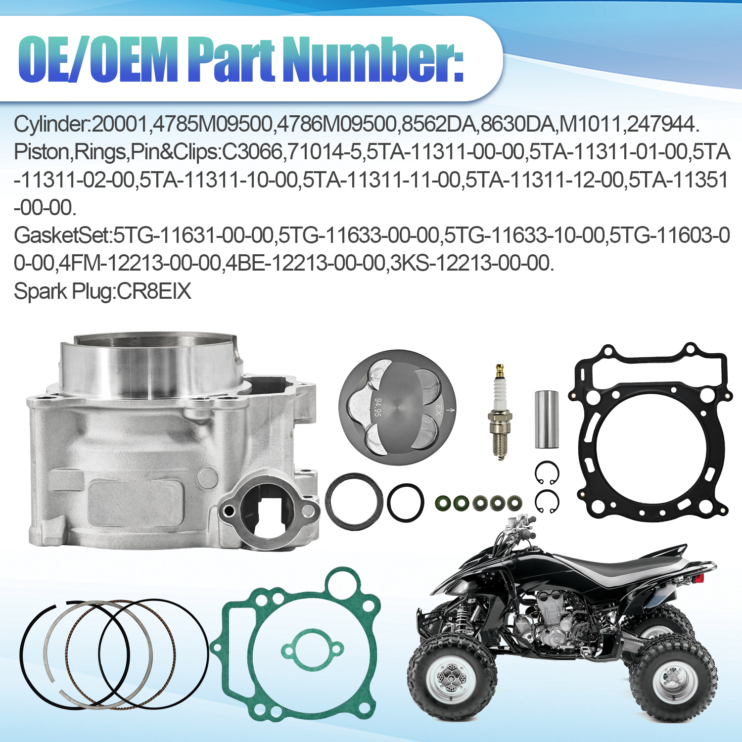YFZ450 12:1 Piston 95mm Stock Bore Cylinder Top End Rebuild Kit for Yamaha YFZ450 2003-2014