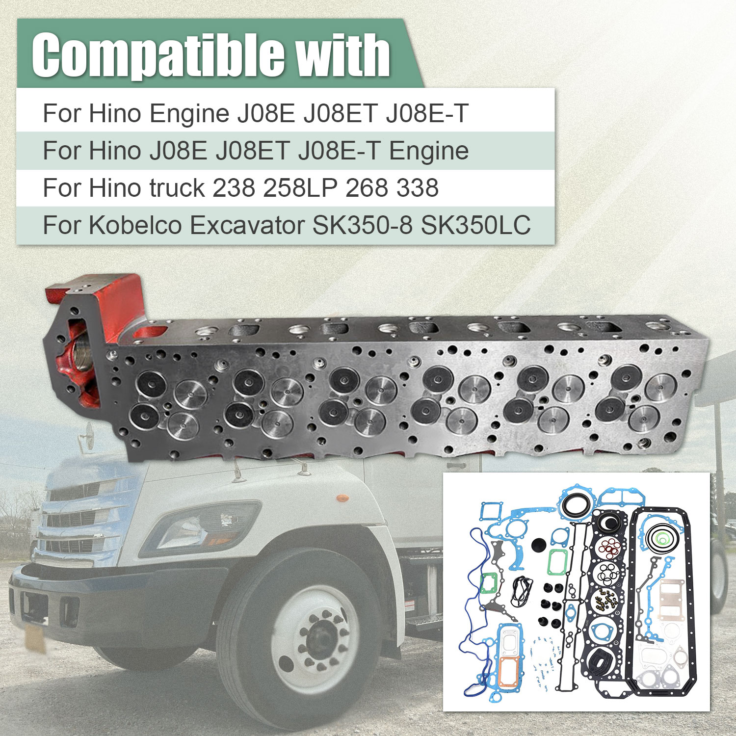 J08E Complete Cylinder Head & Gasket Fits for Hino Engine J08ET J08E-T J08ETM J08E-TM Truck 238 258LP 268 338 for Kobelco Excavator SK350-8
