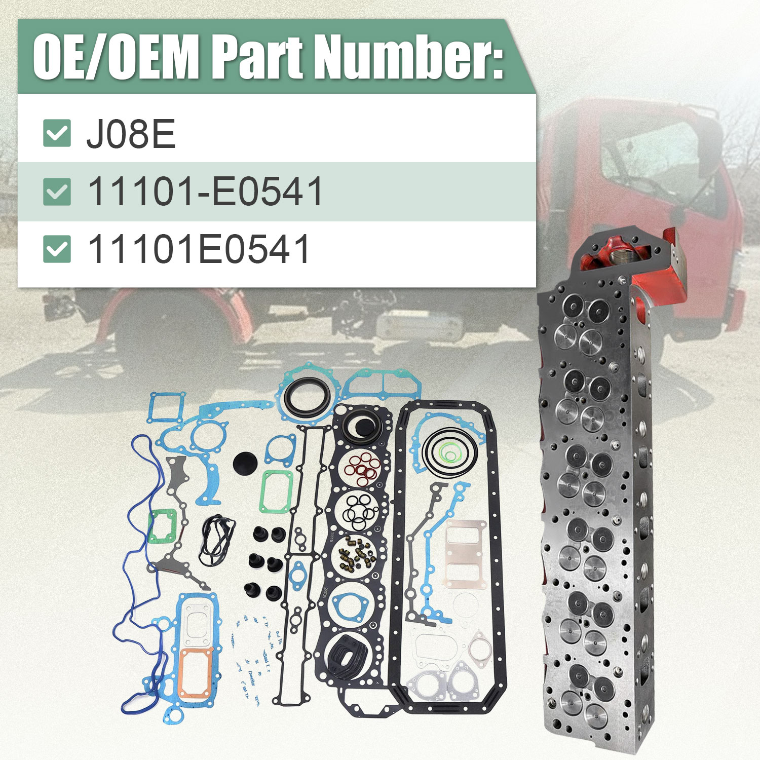 J08E Complete Cylinder Head & Gasket Fits for Hino Engine J08ET J08E-T J08ETM J08E-TM Truck 238 258LP 268 338 for Kobelco Excavator SK350-8