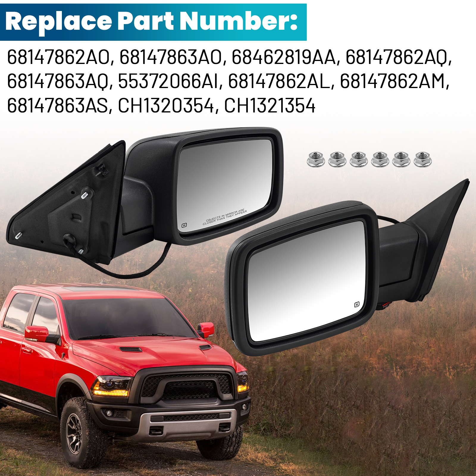 Pair  Mirrors Power Folding Glass for Dodge Ram 1500 2009-2018, 2500 3500 2010-2018, 1500 Classic 2019-2024, Driver & Passenger Side, Heated Turn Signal Convex Lens Temp Sensor Puddle Light
