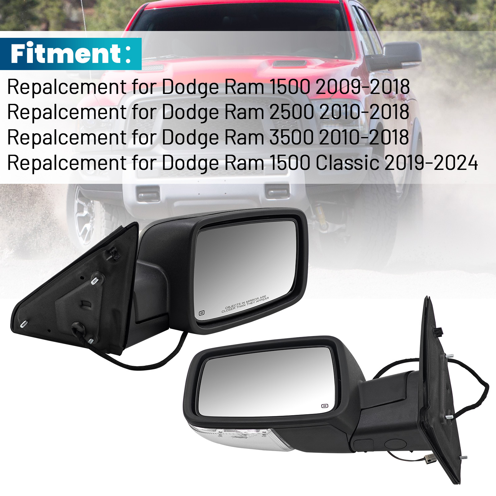 Pair  Mirrors Power Folding Glass for Dodge Ram 1500 2009-2018, 2500 3500 2010-2018, 1500 Classic 2019-2024, Driver & Passenger Side, Heated Turn Signal Convex Lens Temp Sensor Puddle Light