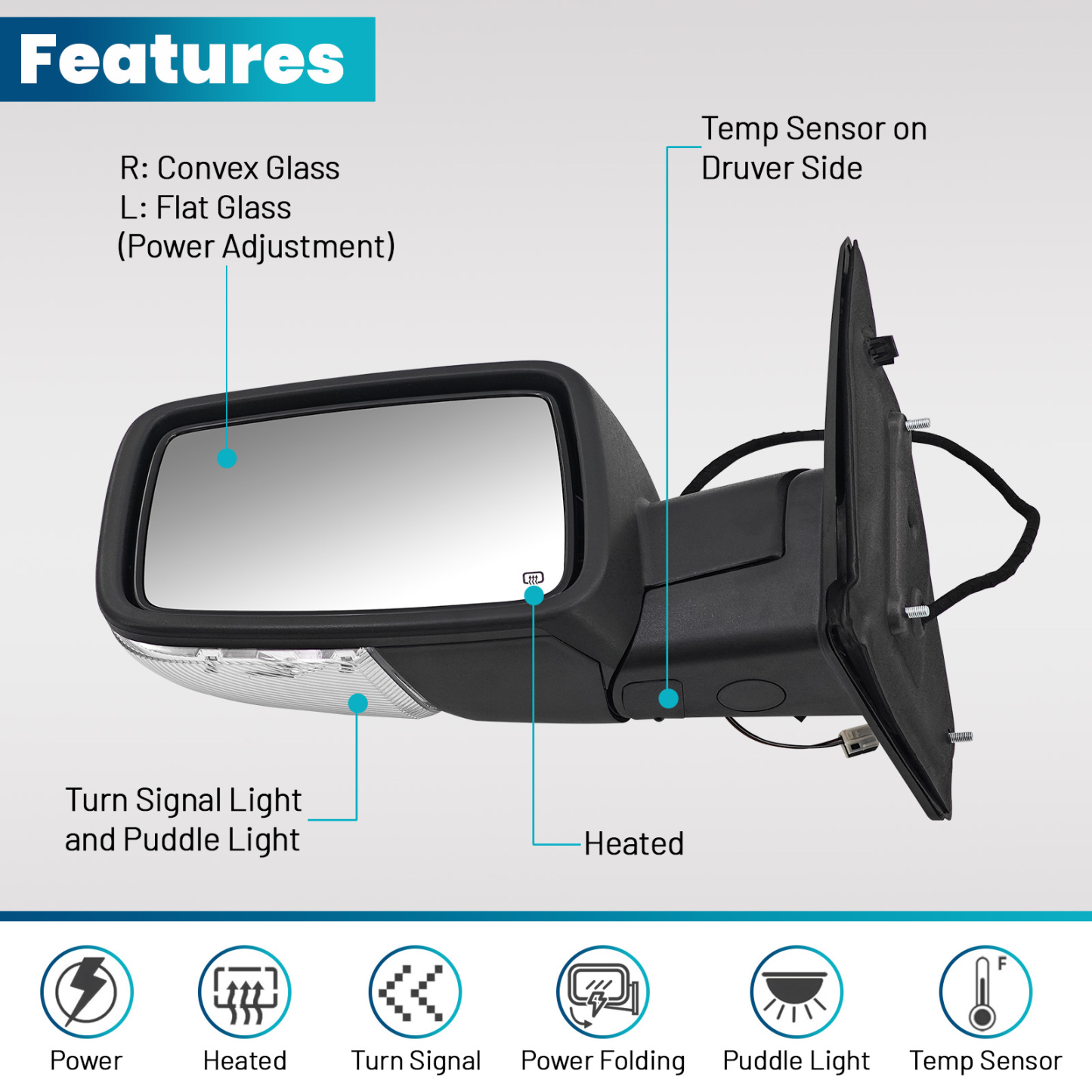 Pair  Mirrors Power Folding Glass for Dodge Ram 1500 2009-2018, 2500 3500 2010-2018, 1500 Classic 2019-2024, Driver & Passenger Side, Heated Turn Signal Convex Lens Temp Sensor Puddle Light
