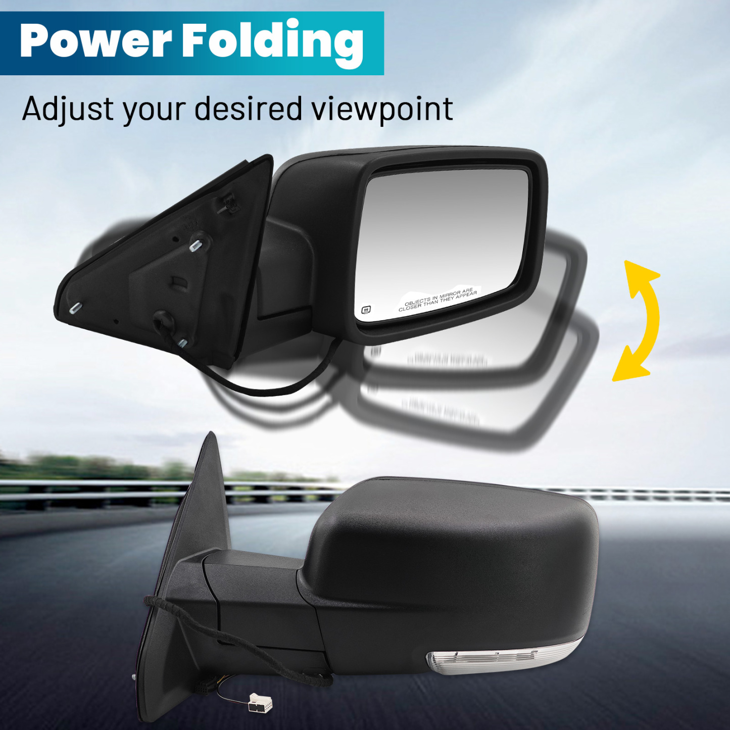 Pair  Mirrors Power Folding Glass for Dodge Ram 1500 2009-2018, 2500 3500 2010-2018, 1500 Classic 2019-2024, Driver & Passenger Side, Heated Turn Signal Convex Lens Temp Sensor Puddle Light