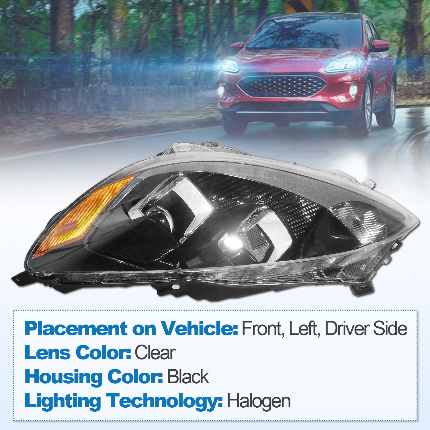 Left Driver Side Headlight for 2020-2022 Ford Escape S Halogen with Bulb Replace# FO2502395 LJ6Z13008B