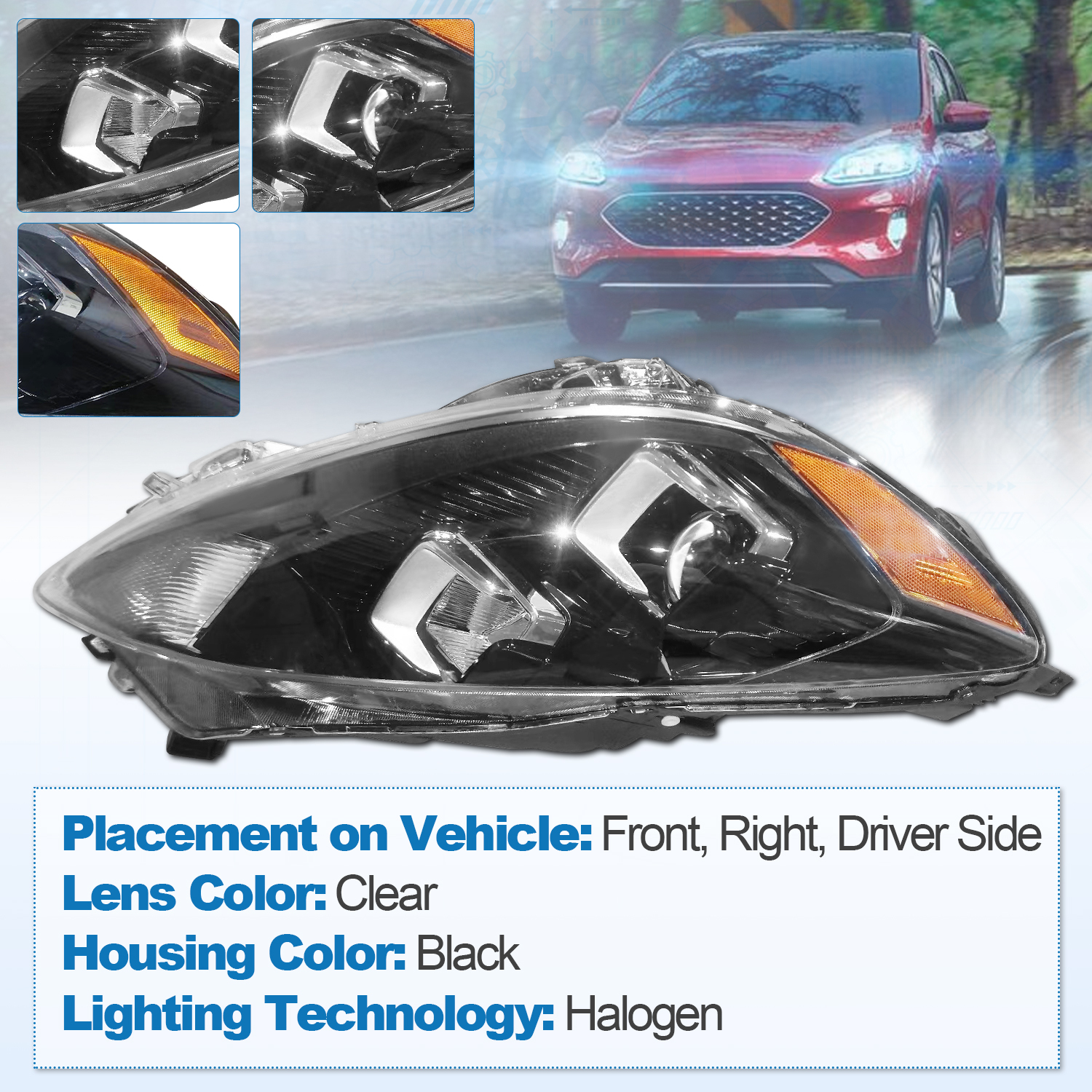 Right Passenger Side Headlight for 2020-2022 Ford Escape S Halogen with Bulb Replace #FO2503395 LJ6Z13008A 