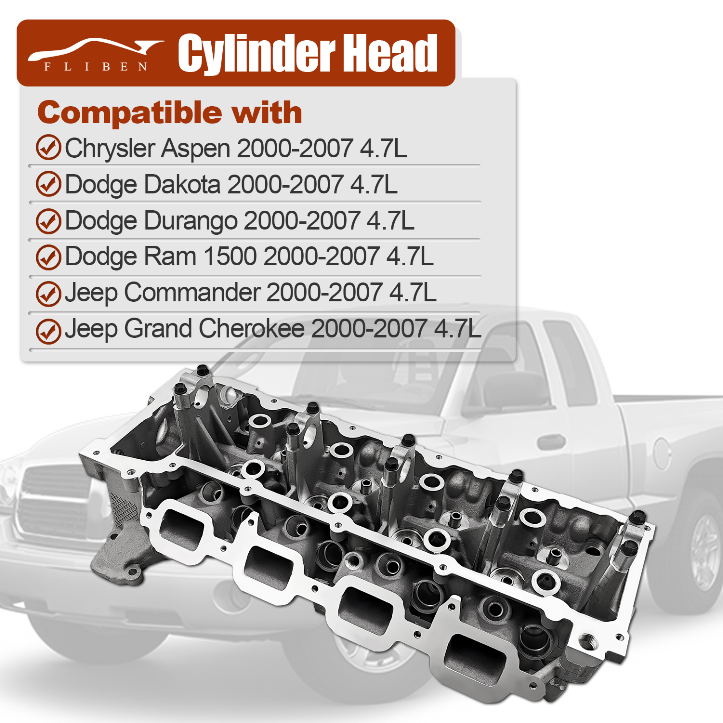 Left Driver Side Cylinder Head Assembly Fit for 2000-2007 4.7L Dodge/Chrysler/Jeep #53020801AD