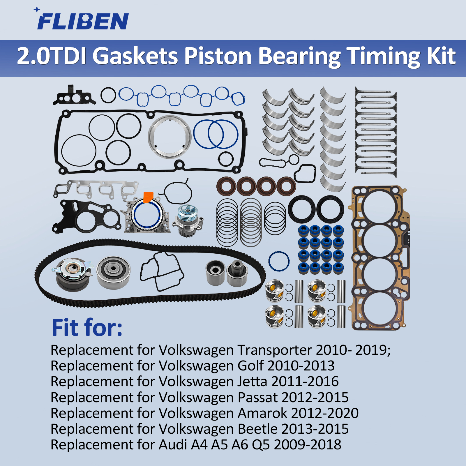 2.0TDI Engine Rebuild Gaskets Piston Bearing Timing Kit for For VW Amarok Jetta Audi A4 A5 A6 Q5 2.0