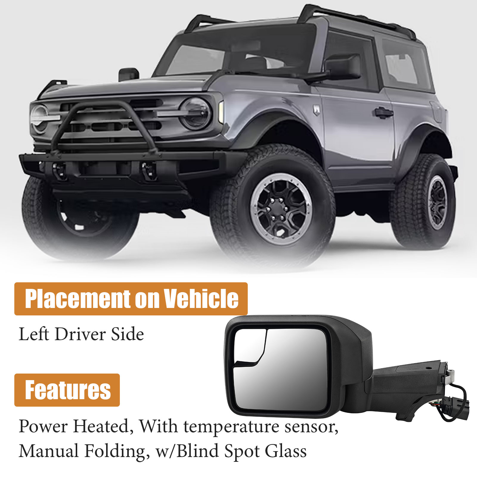 7-Pins Left Driver Side Mirror  for Ford Bronco 2021-2024 -Power Heated Manual Folding Blind Spot Glass w/Temp sensor 
