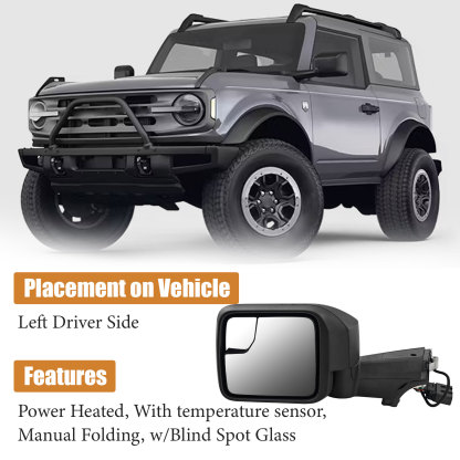 7-Pins Left Driver Side Mirror  for Ford Bronco 2021-2024 -Power Heated Manual Folding Blind Spot Glass w/Temp sensor 