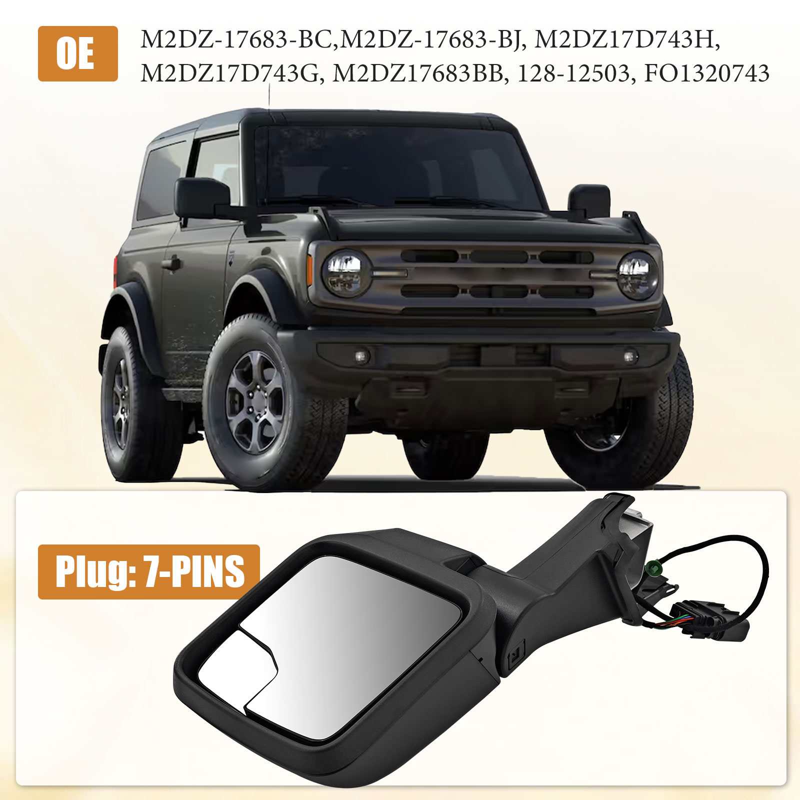 7-Pins Left Driver Side Mirror  for Ford Bronco 2021-2024 -Power Heated Manual Folding Blind Spot Glass w/Temp sensor 