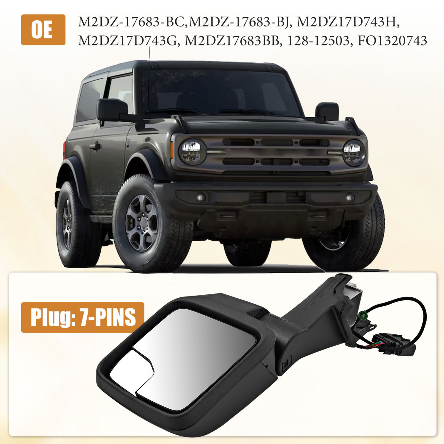 7-Pins Left Driver Side Mirror  for Ford Bronco 2021-2024 -Power Heated Manual Folding Blind Spot Glass w/Temp sensor 
