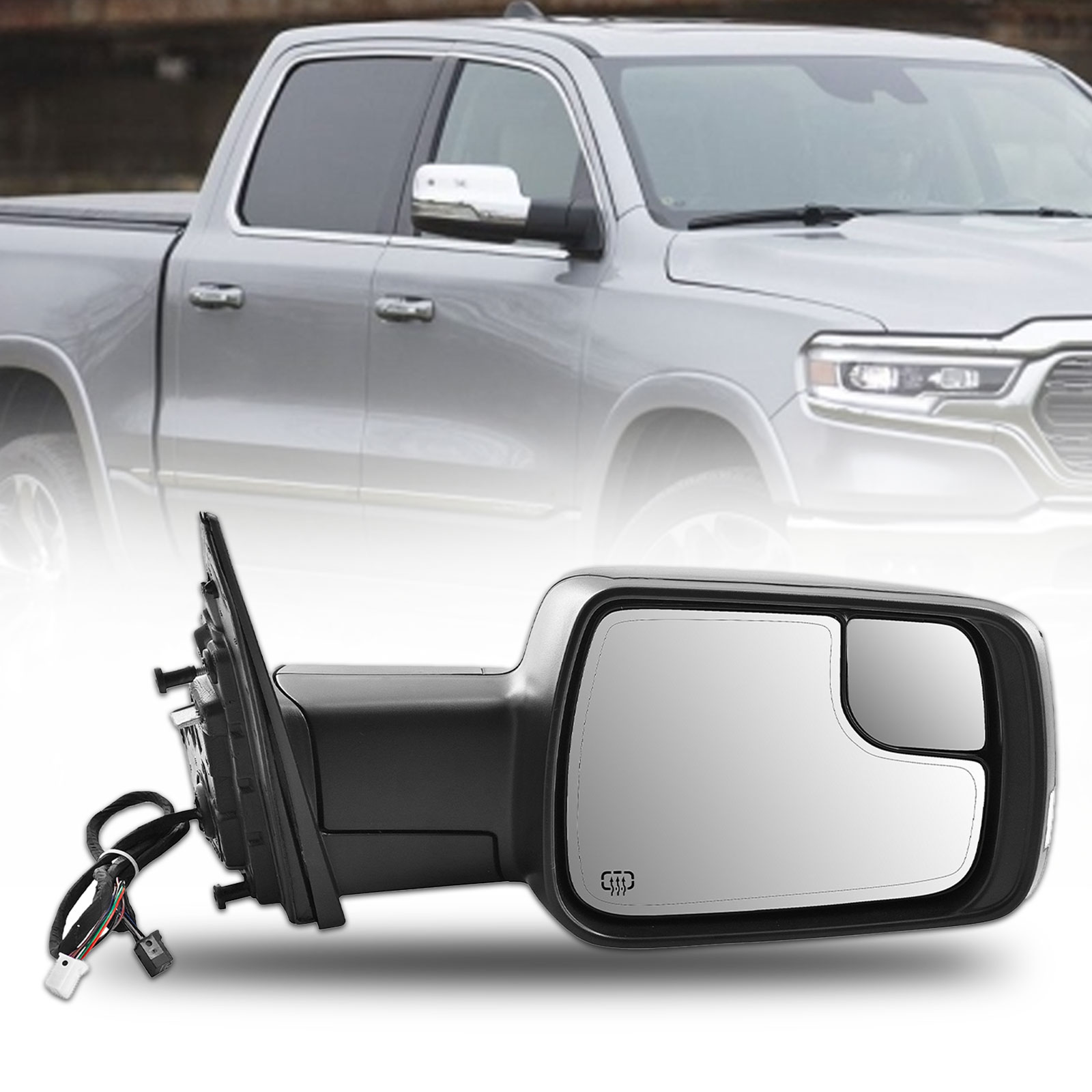 14 Pins Right Passenger Side Mirror for Ram 1500 2019-2024 | Heated Glass | Turn Signal Light | Puddle Light | Blind Spot Glass | Temp Sensor | Power Folding
