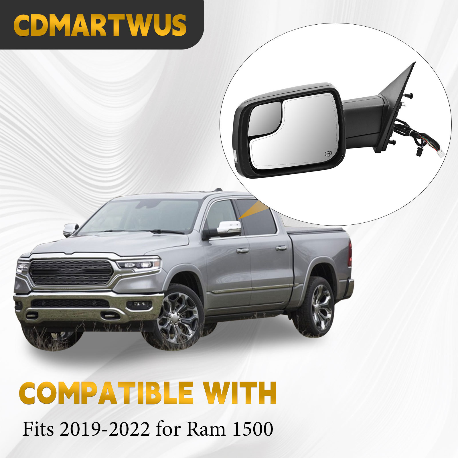 14 Pins Left Driver Side Mirror for Ram 1500 2019-2024 | Heated Glass | Turn Signal Light | Puddle Light | Blind Spot Glass | Temp Sensor | Power Folding