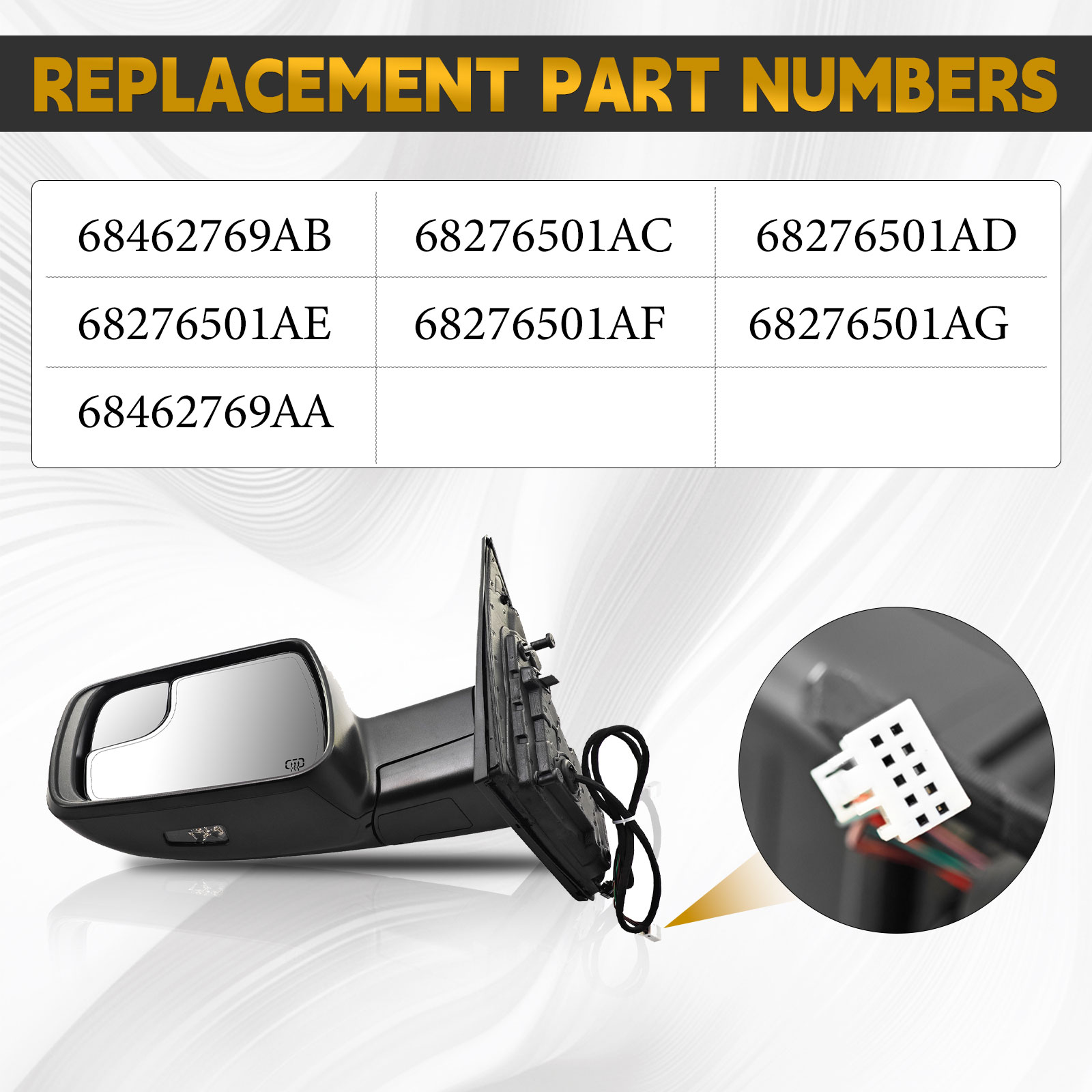 14 Pins Right Passenger Side Mirror for Ram 1500 2019-2024 | Heated Glass | Turn Signal Light | Puddle Light | Blind Spot Glass | Temp Sensor | Power Folding