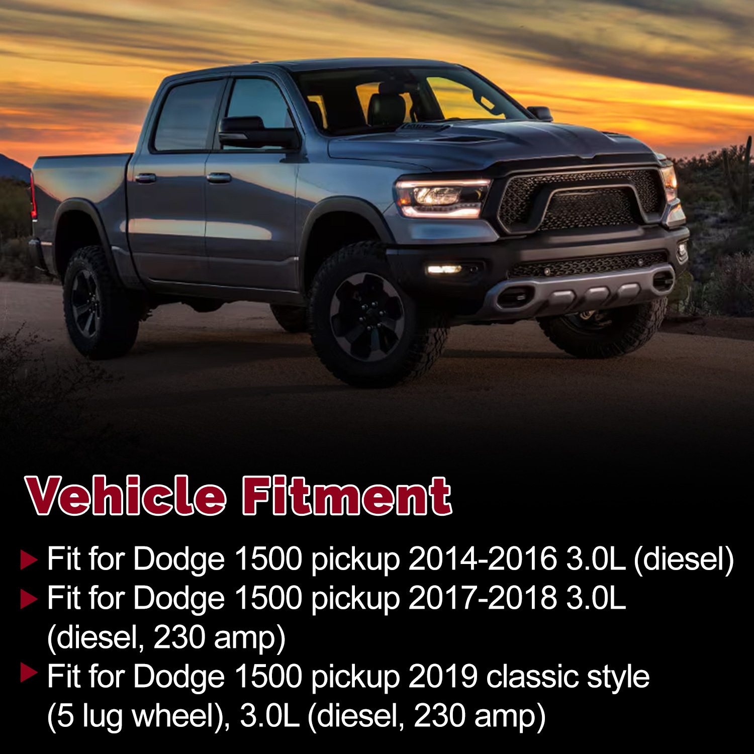 12V 230A Alternator for Ram 1500 3.0L 2014-2018, 1500 Classic 3.0L 2019, V6 Diesel (Ecodiesel), 6-Groove Pulley Clockwise