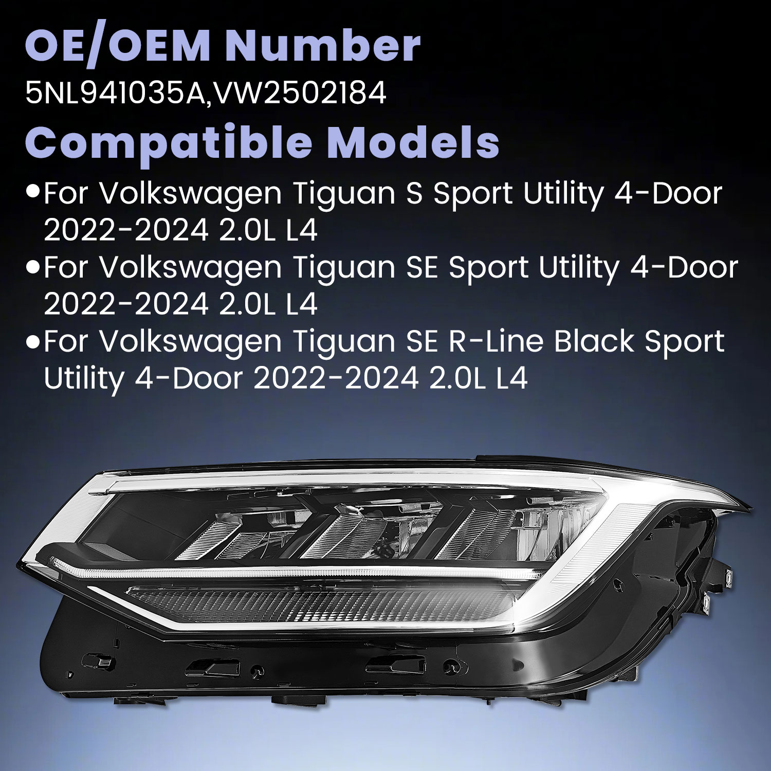 LED Headlight Fits for Volkswagen Tiguan SE 2022-2024 -Left Driver Side Non-AFS