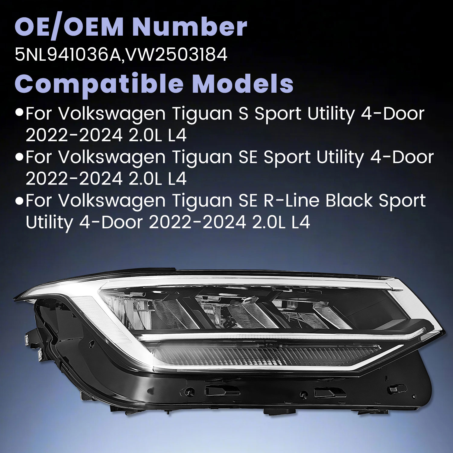 LED Headlight Fits for Volkswagen Tiguan SE 2022-2024 -Right Passenger Side Non-AFS